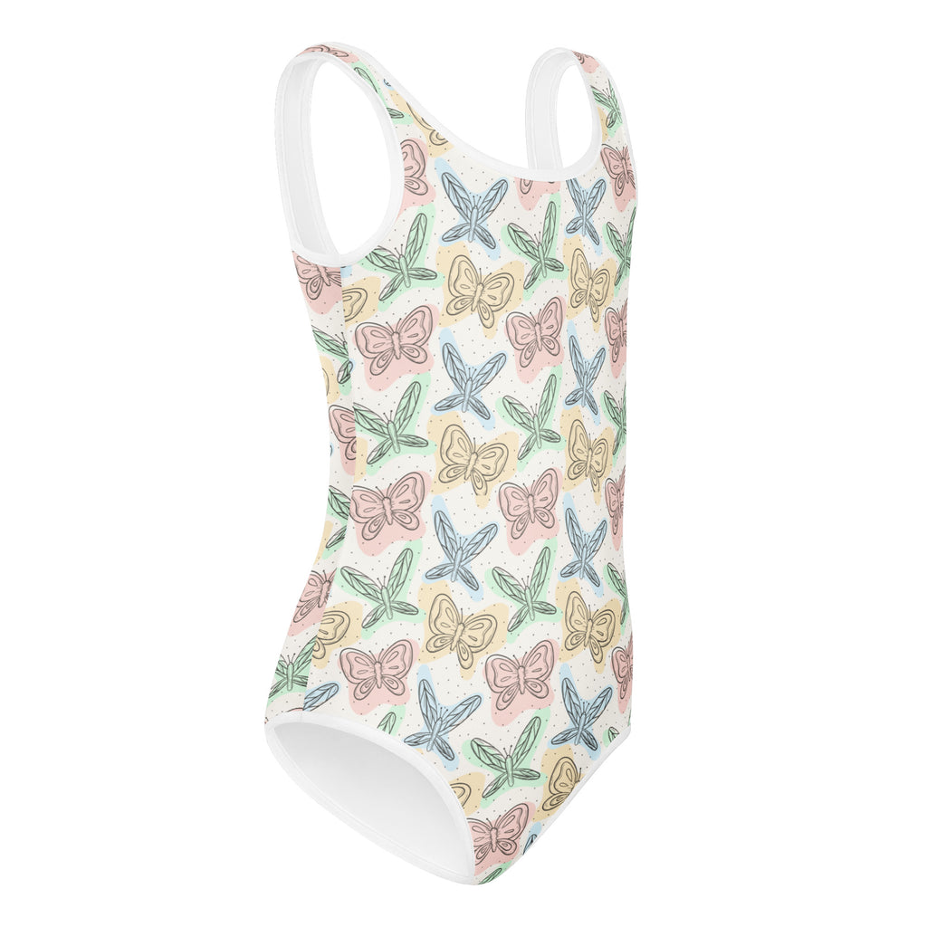 Girls colorful pastel butterfly and dragonfly buttery soft one-piece swimsuit in pink blue and green for dance and gymnastics