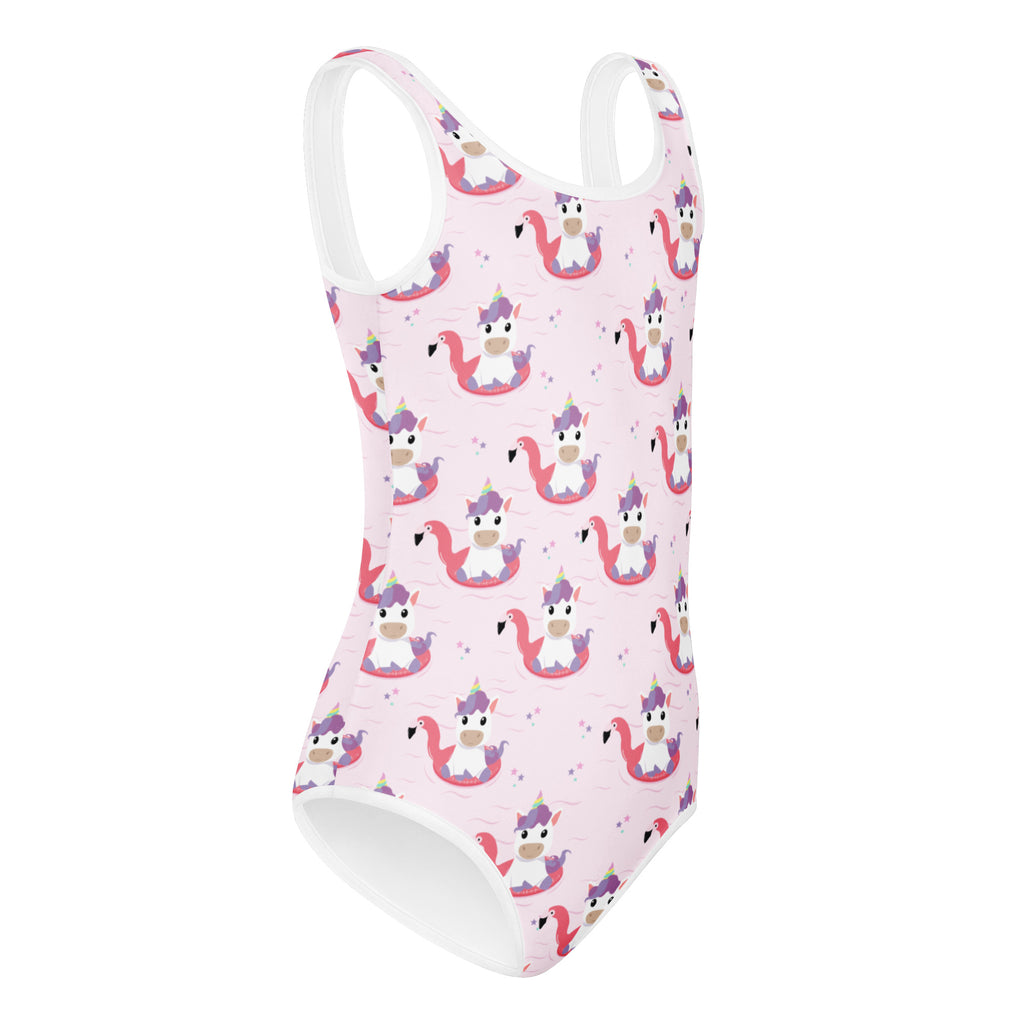 Girls unicorn flamingo float buttery soft pink one-piece swimsuit with white trim and cartoon unicorn pattern