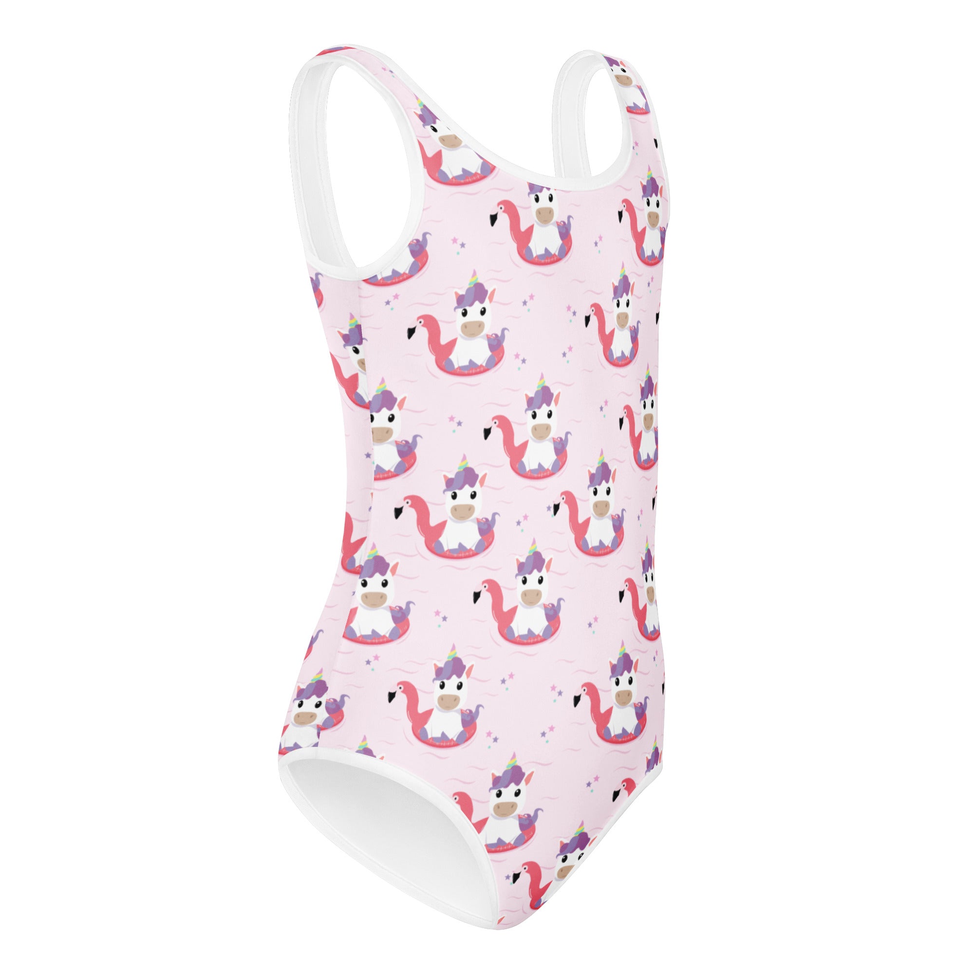 Girls unicorn flamingo float buttery soft pink one-piece swimsuit with white trim and cartoon unicorn pattern