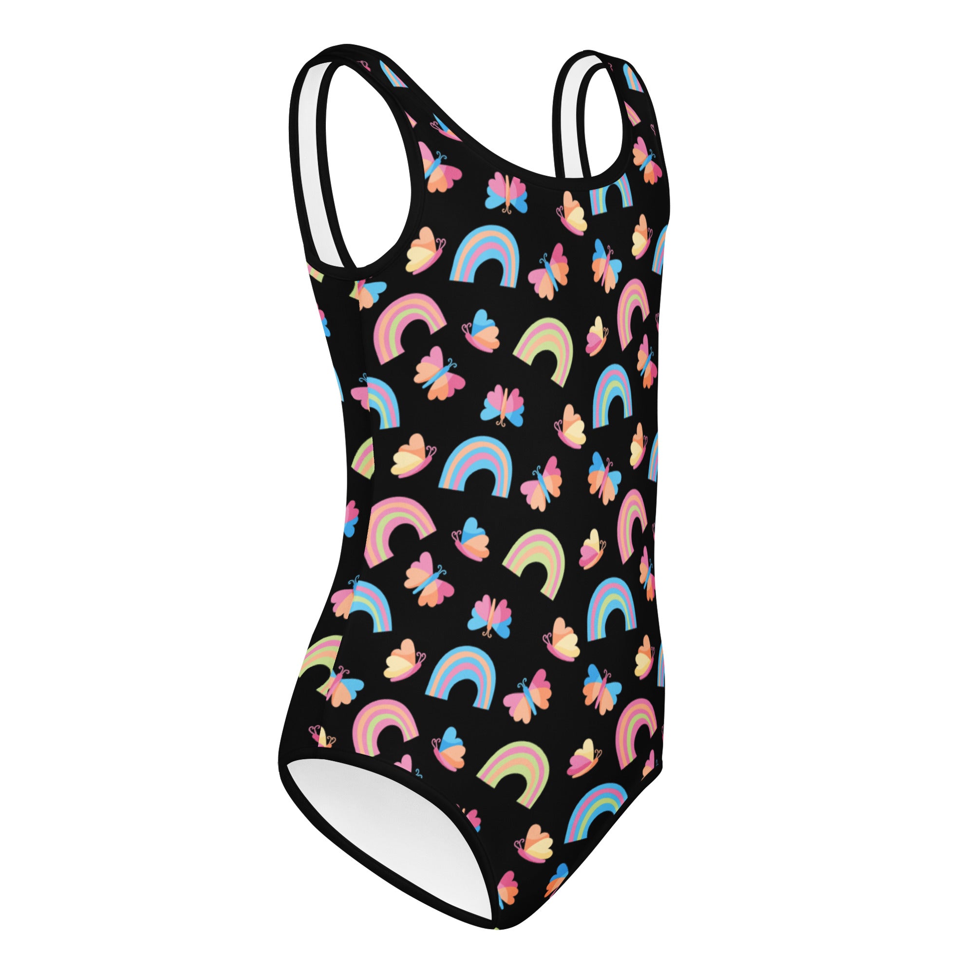 Black girls one-piece swimsuit with colorful rainbow and butterfly patterns buttery soft quick drying for dance and gymnastics
