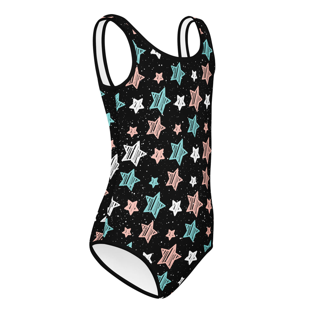 Girls starry night doodle stars buttery soft black leotard with pastel star pattern quick drying for dance and gymnastics