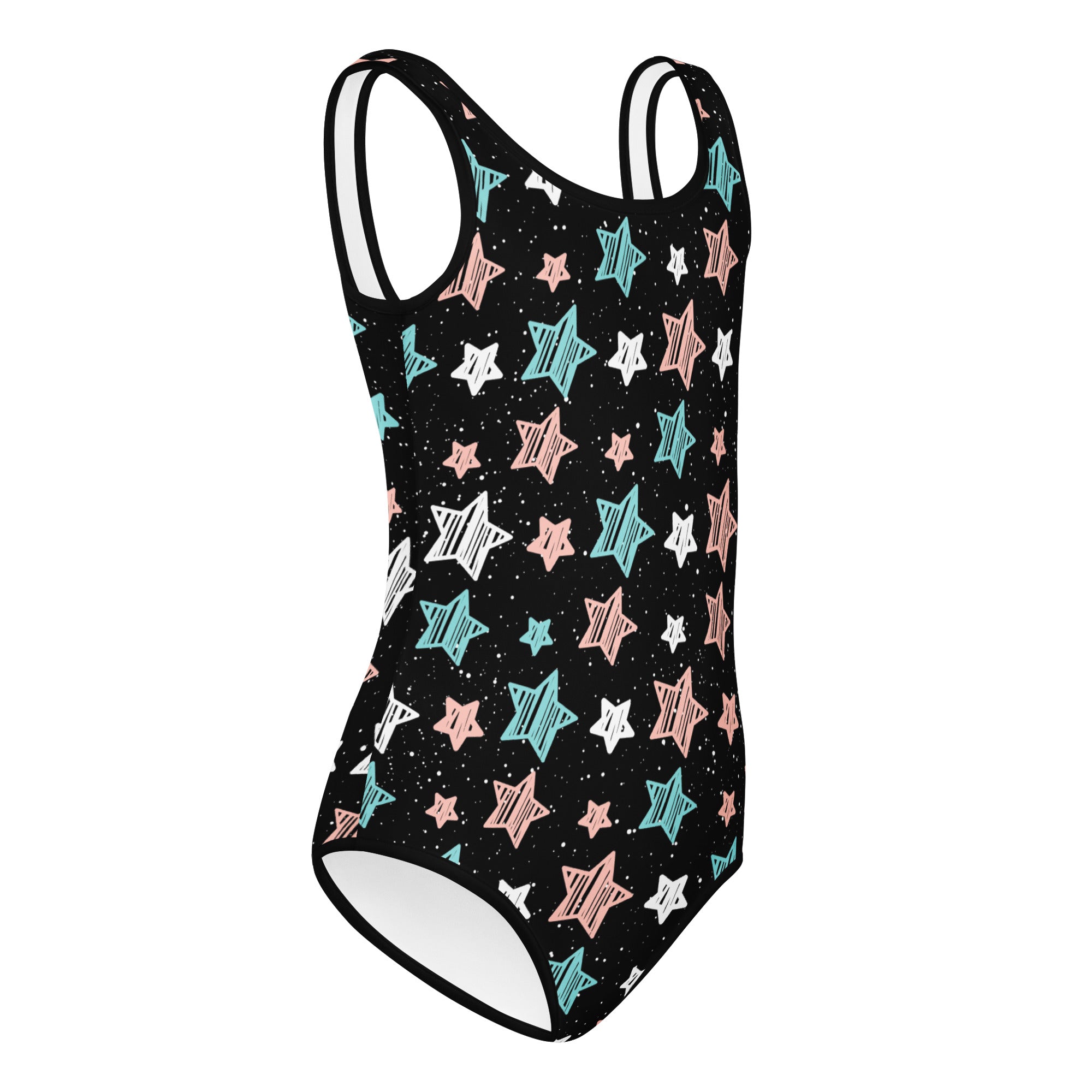 Girls starry night doodle stars buttery soft black leotard with pastel star pattern quick drying for dance and gymnastics