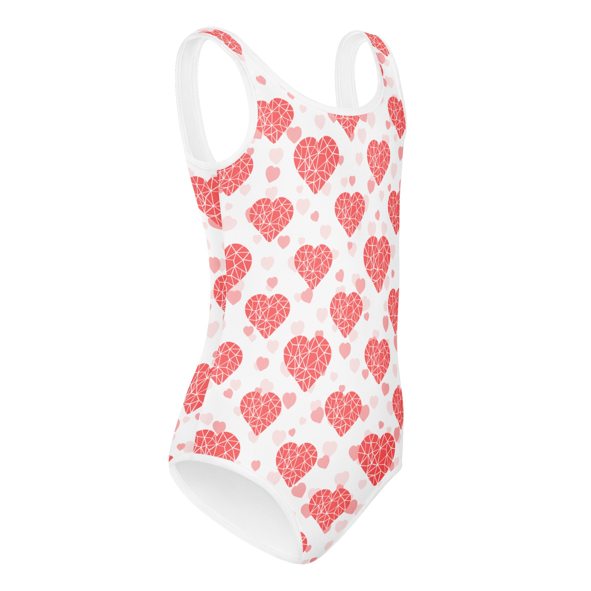 White girls crystal heart buttery soft one-piece swimsuit with red and pink geometric hearts for dance and gymnastics