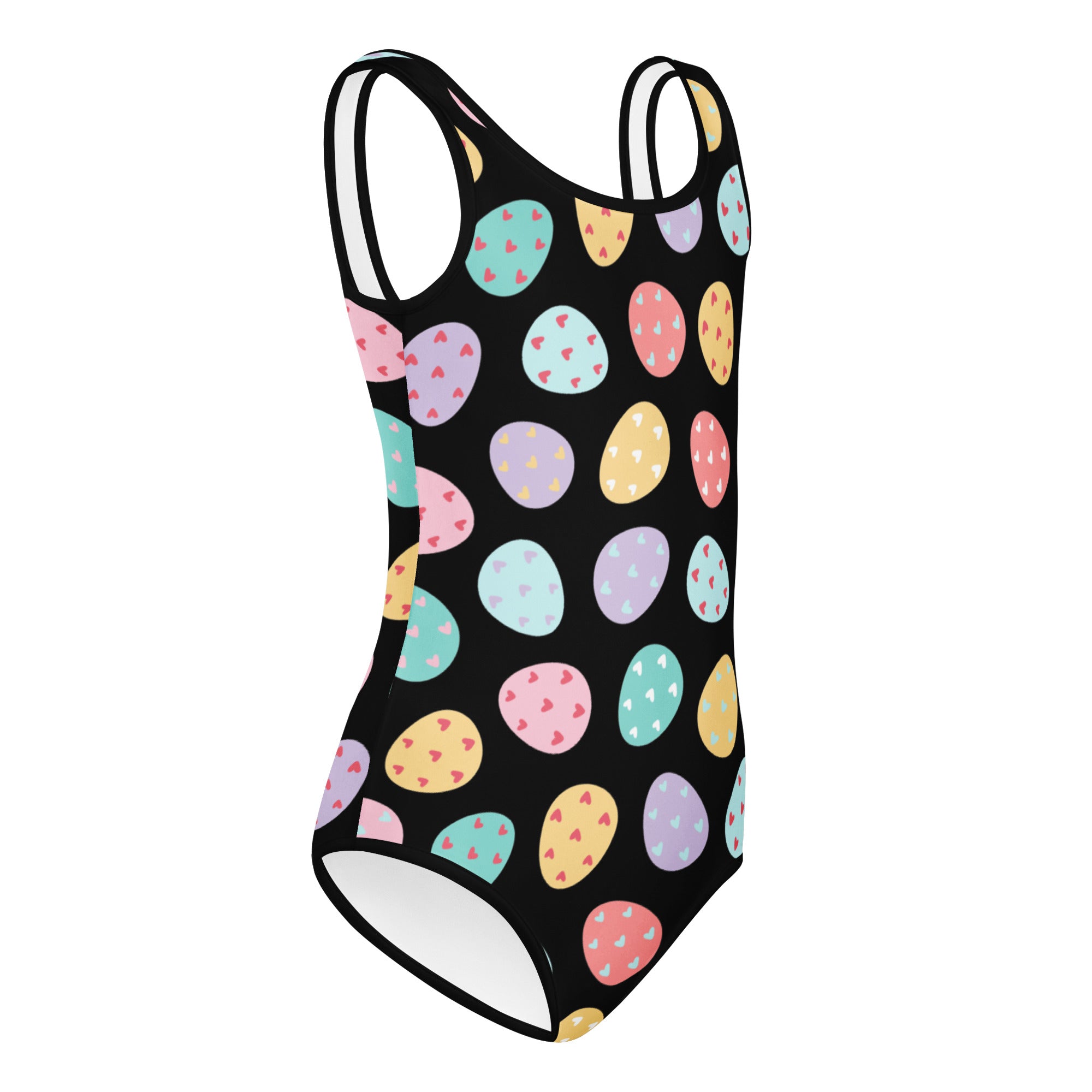 Black one-piece leotard with colorful pastel easter egg and tiny heart patterns buttery soft quick drying for dance and gymnastics