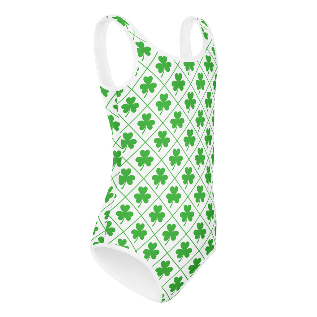 White girls one-piece swimsuit with vibrant green shamrock diamond pattern buttery soft quick drying for dance and gymnastics
