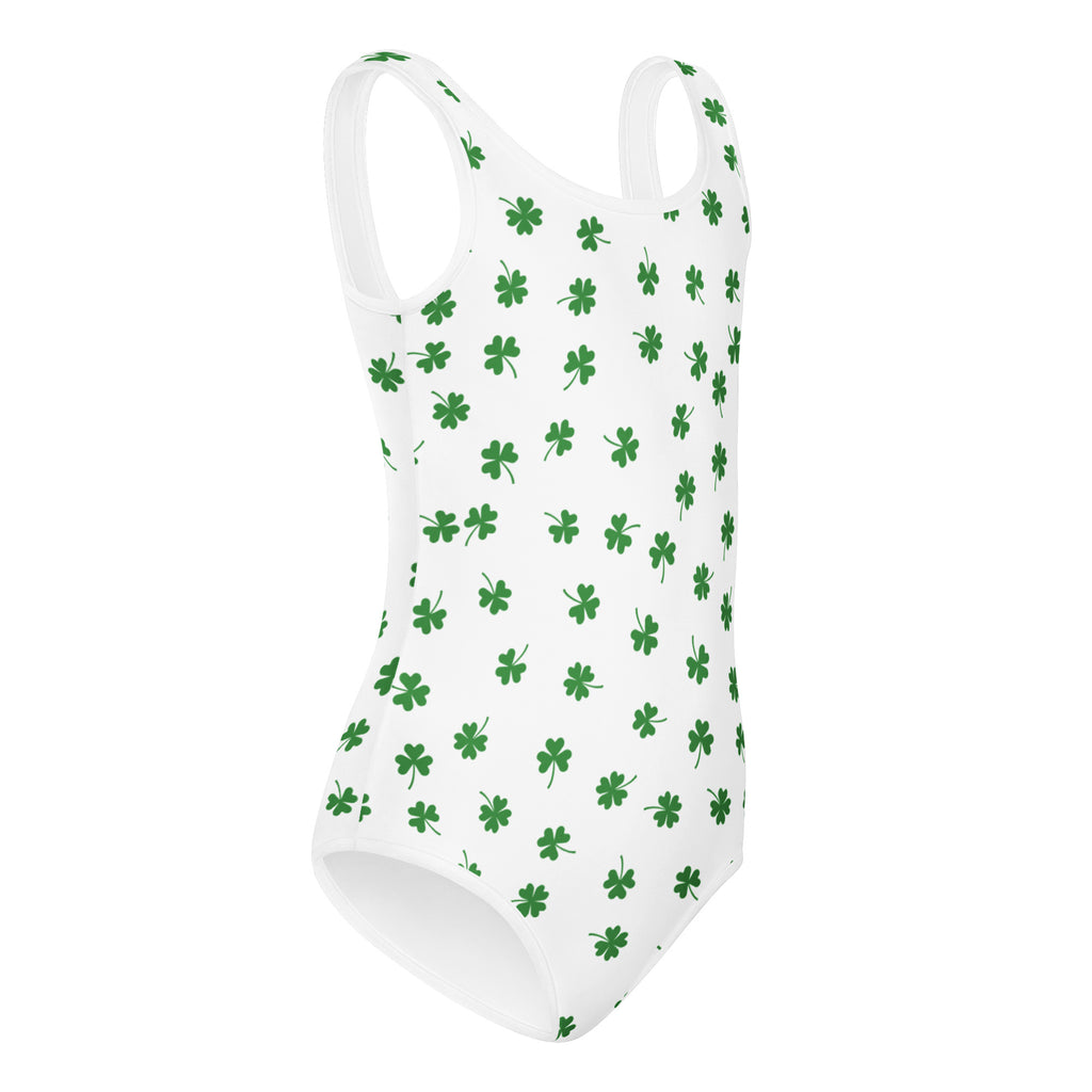 White one-piece swimsuit with green four-leaf clover pattern quick drying buttery soft for dance and gymnastics