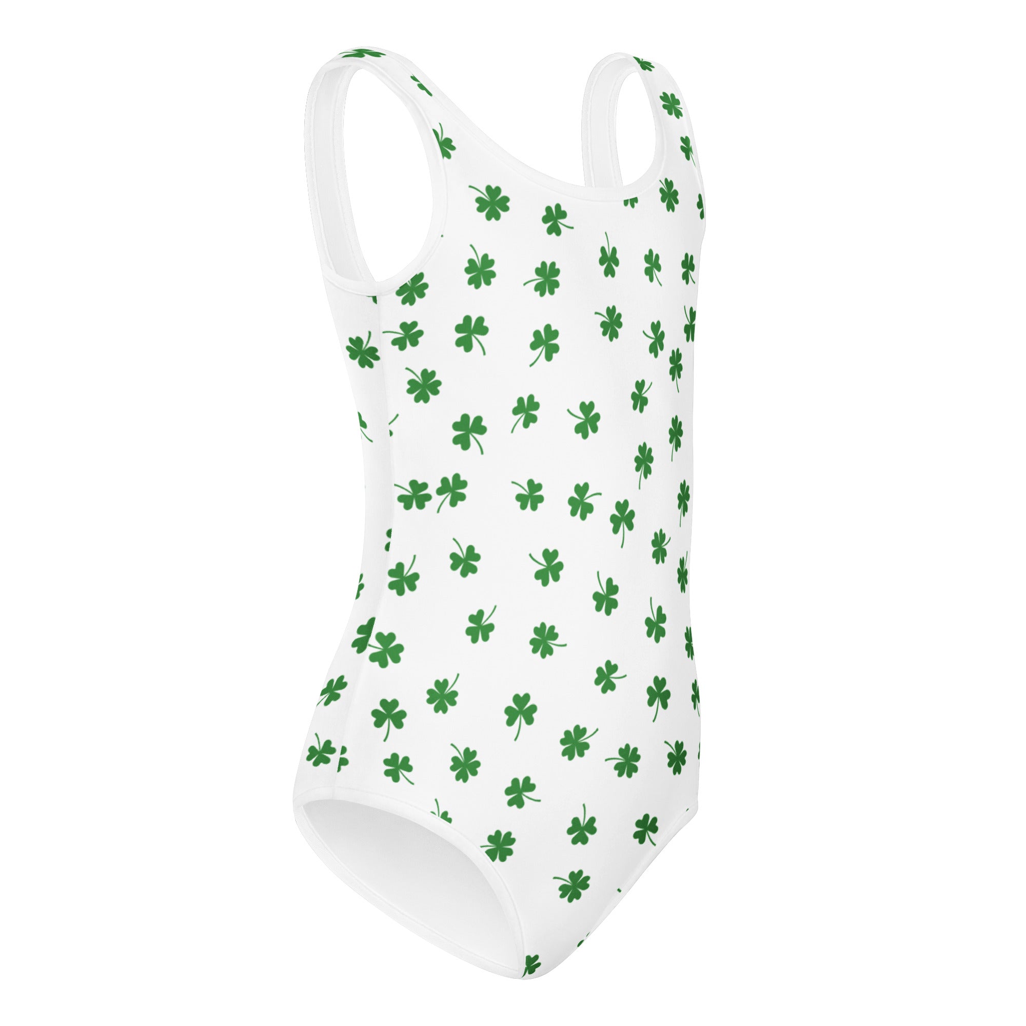 White one-piece swimsuit with green four-leaf clover pattern quick drying buttery soft for dance and gymnastics