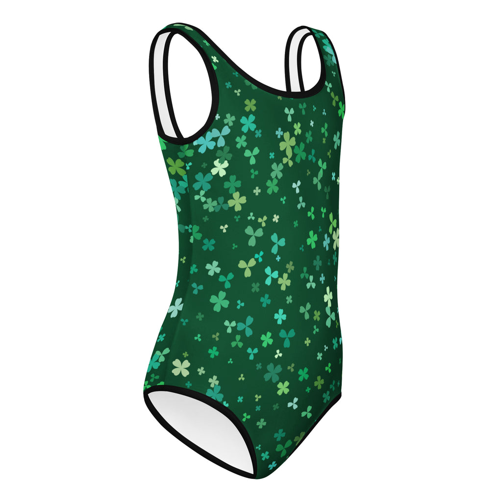 Girls green st patricks day buttery soft one piece swimsuit with four leaf clover pattern and black trim for dance