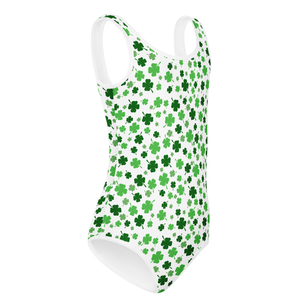 White girls one-piece swimsuit with green shamrock pattern buttery soft quick drying for dance and gymnastics
