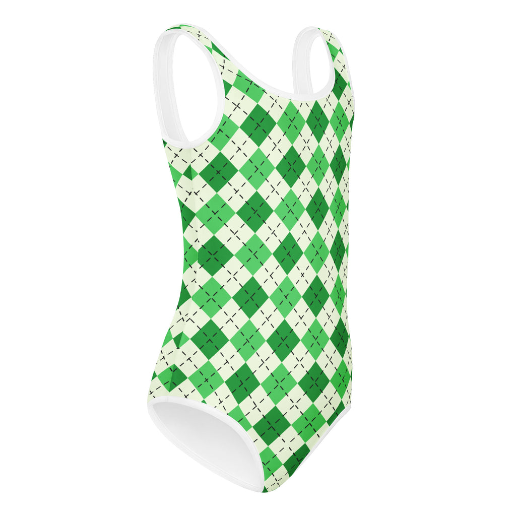 Girls st patricks day green and white argyle one-piece swimsuit with white trim quick drying buttery soft leotard