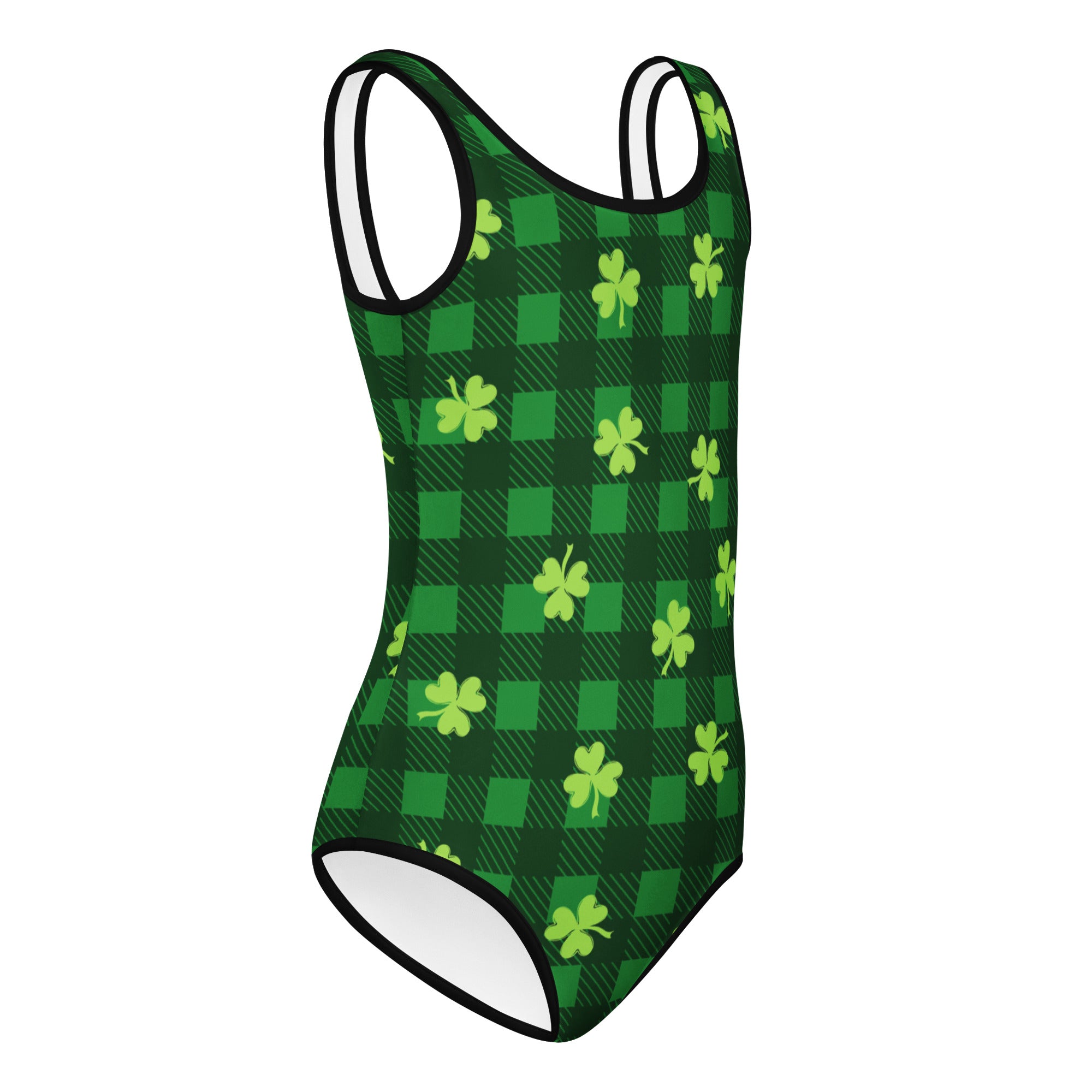Girls st patricks day shamrock plaid green and black buttery soft quick drying leotard with lime shamrocks