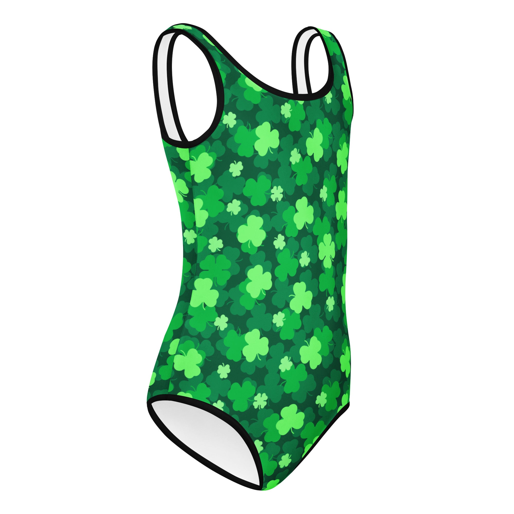Green girls st patricks day one-piece leotard with shamrock pattern black trim buttery soft quick drying for dance