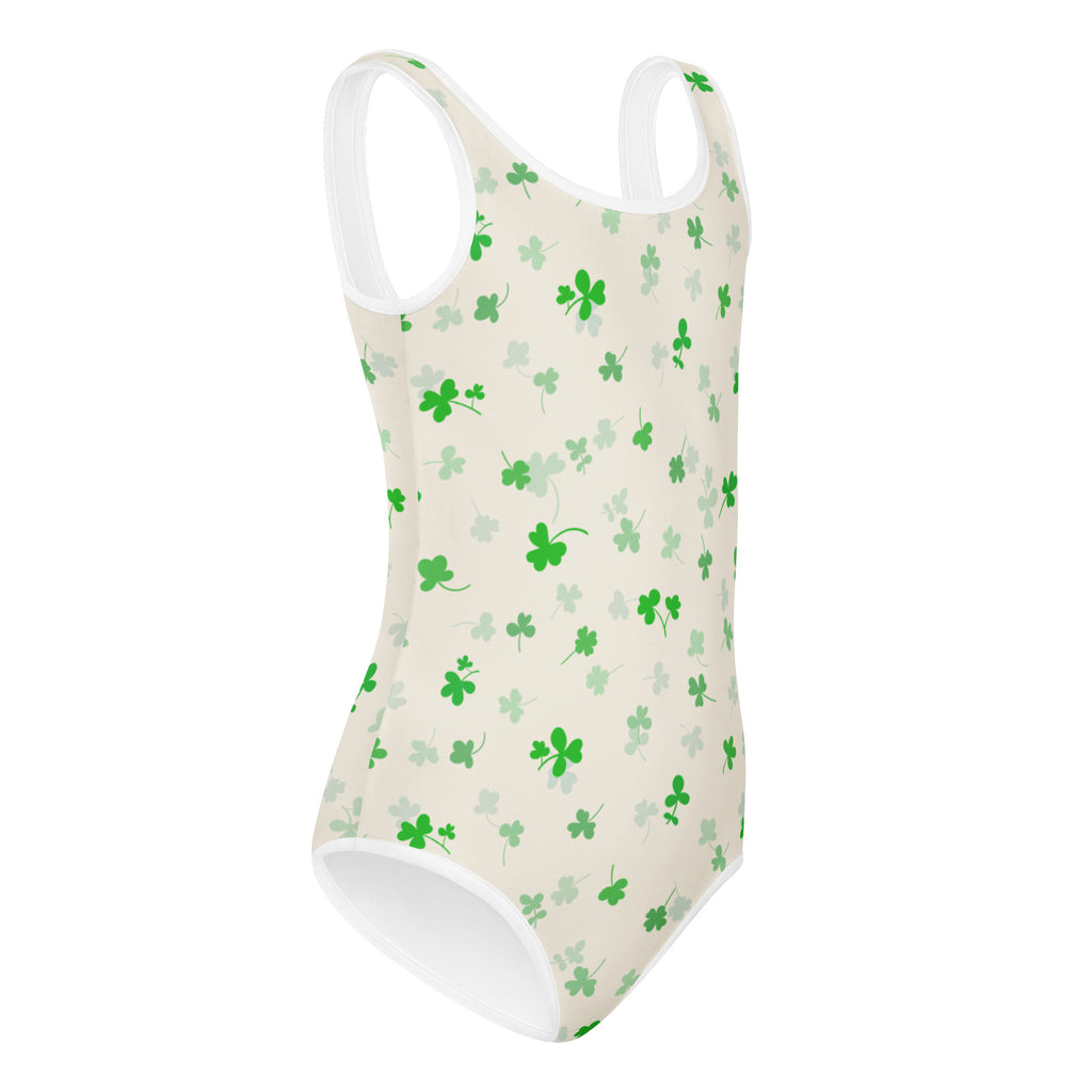 Girls St. Patrick’s Day cream one-piece soft shamrock leotard with white trim quick drying for dance and gymnastics