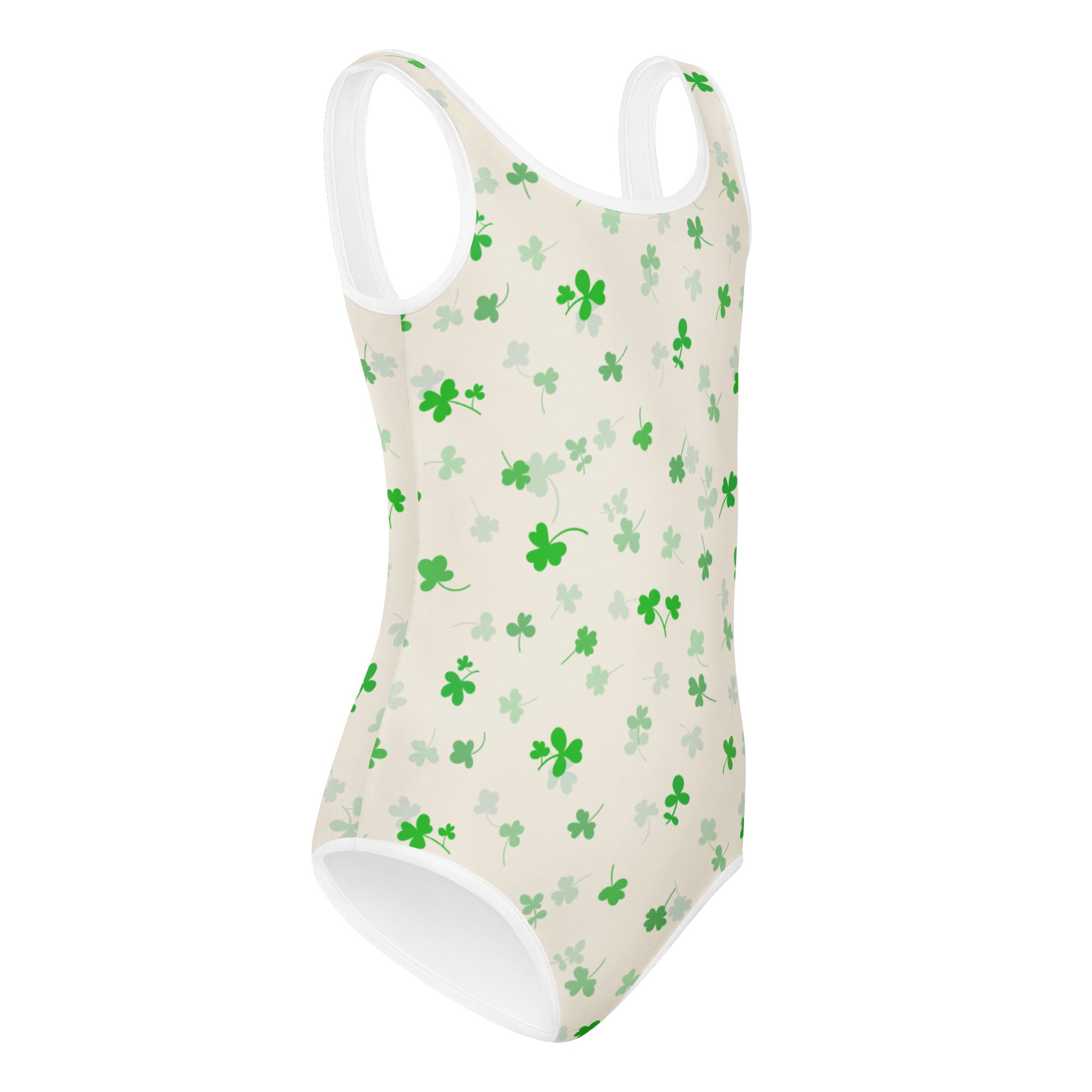 Girls St. Patrick’s Day cream one-piece soft shamrock leotard with white trim quick drying for dance and gymnastics