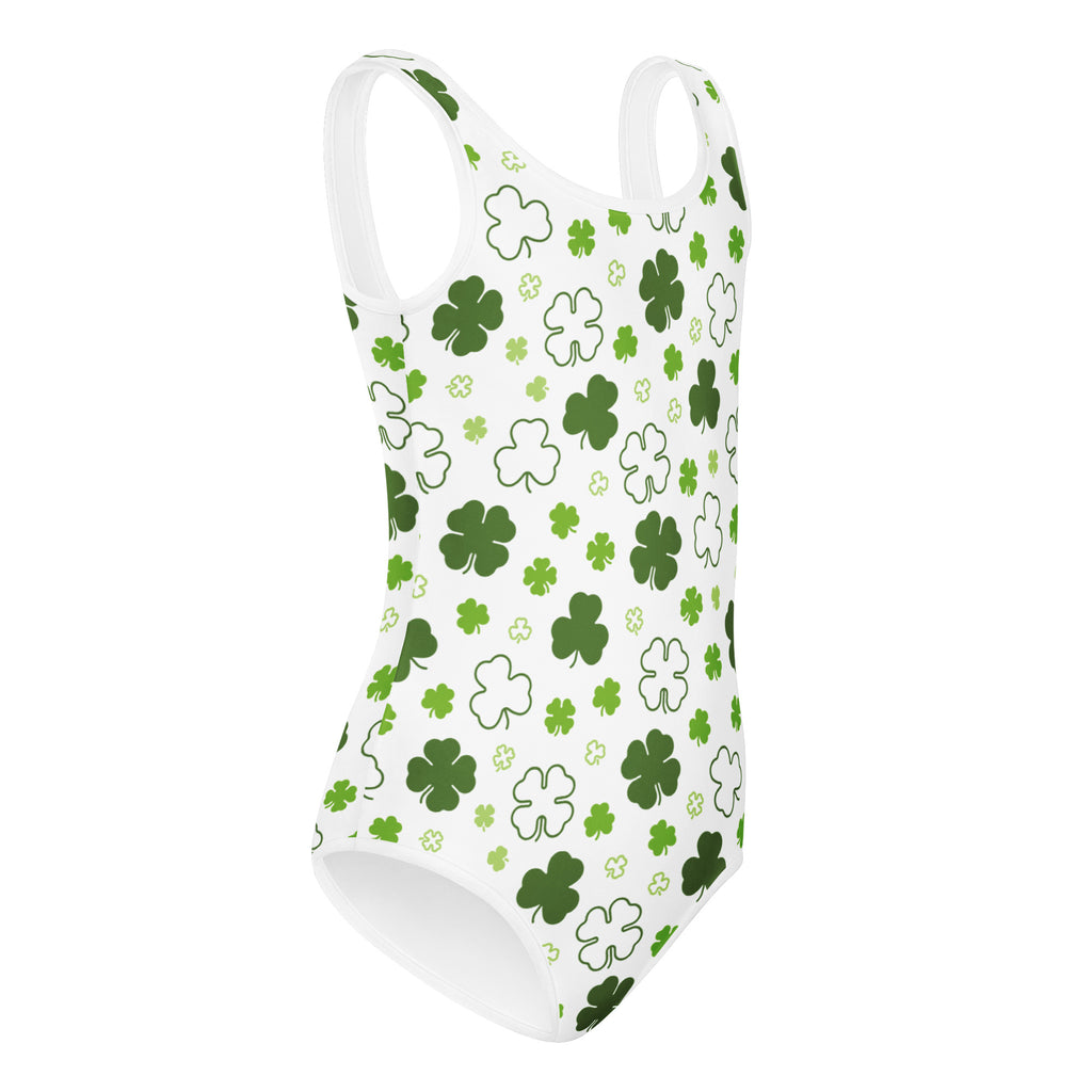 Girls st patricks day buttery soft white leotard with green four leaf clover pattern for dance and gymnastics