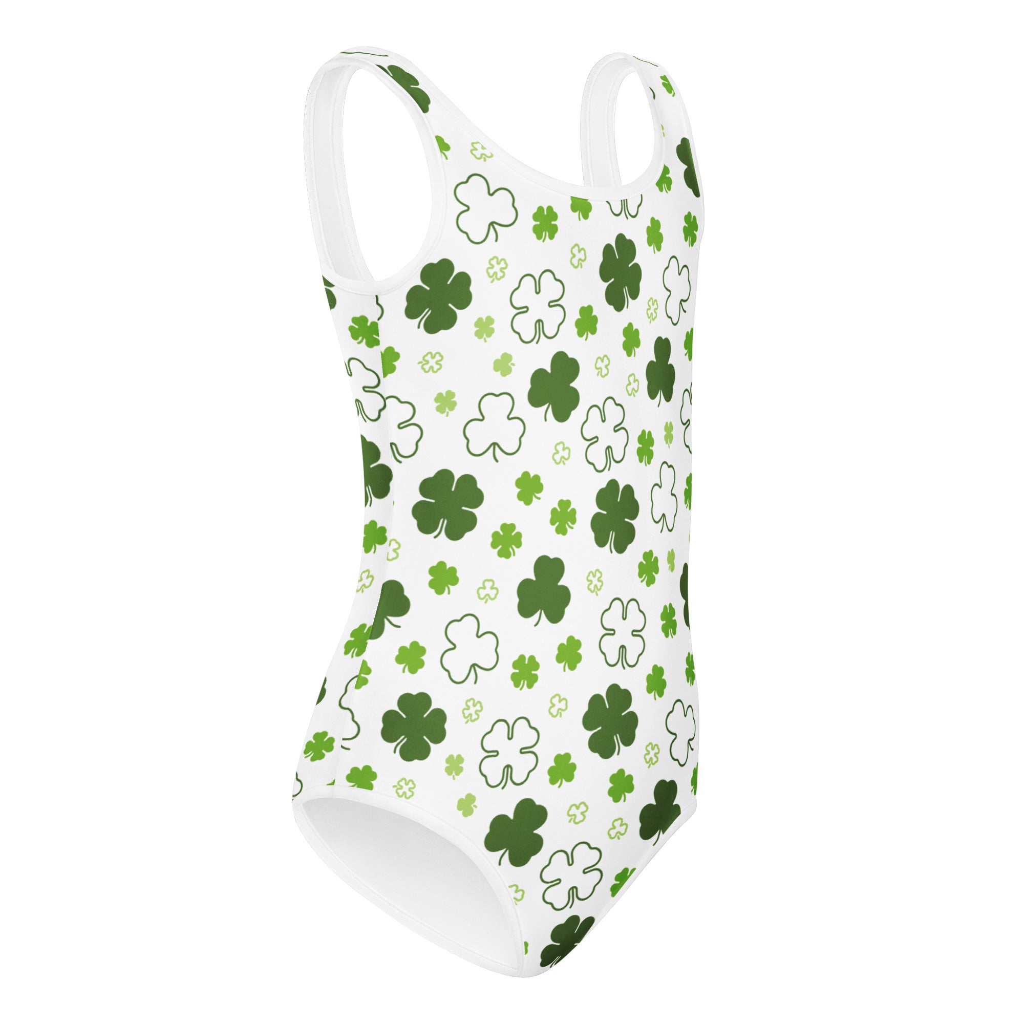 Girls st patricks day buttery soft white leotard with green four leaf clover pattern for dance and gymnastics