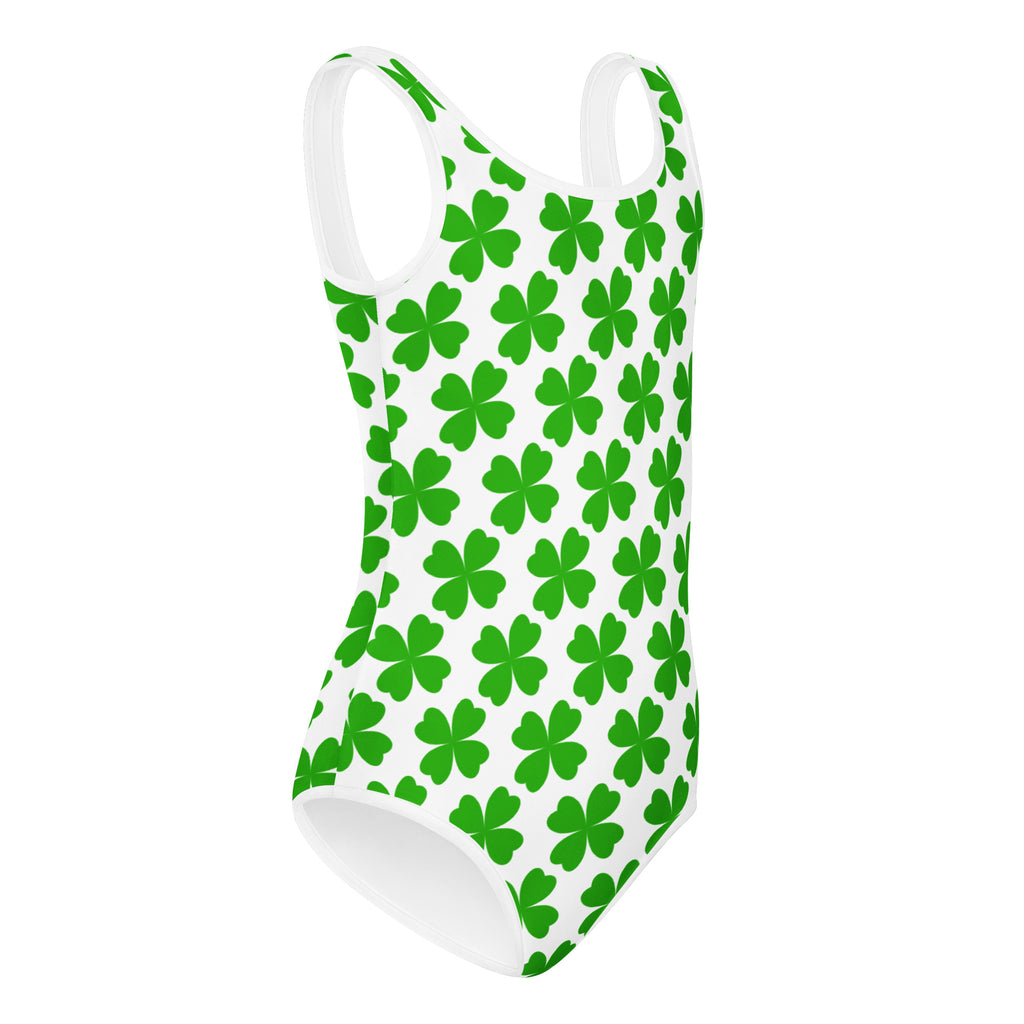 White one-piece swimsuit with vibrant green four-leaf clover pattern buttery soft quick drying for dance and gymnastics