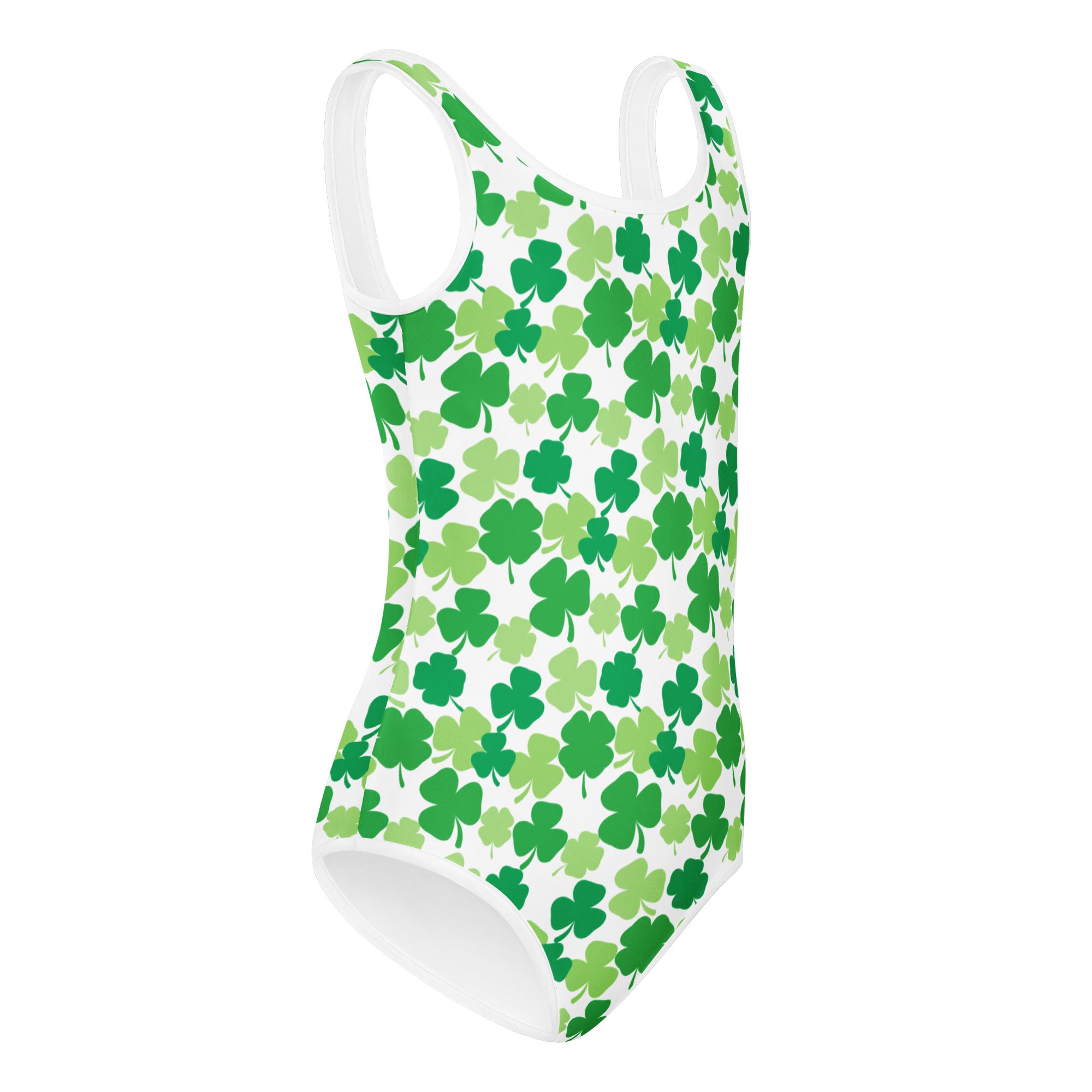 Girls st patricks day shamrock themed buttery soft white one-piece swimsuit with green shamrock pattern for dance and gymnastics