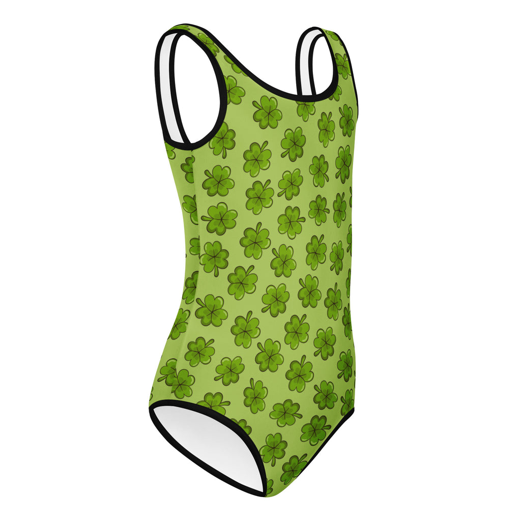 Girls St Patricks Day shamrock plaid buttery soft lime green one-piece swimsuit with clover pattern and black trim for dance