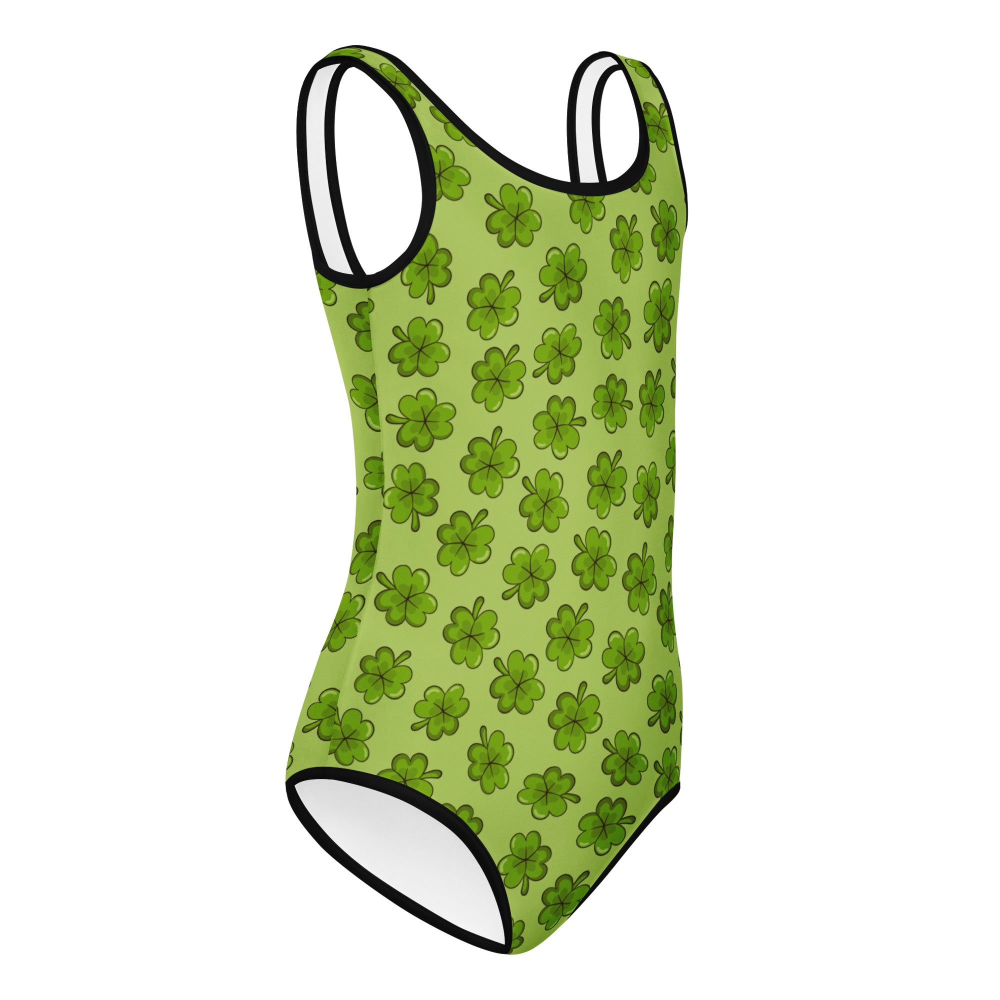 Girls St Patricks Day shamrock plaid buttery soft lime green one-piece swimsuit with clover pattern and black trim for dance