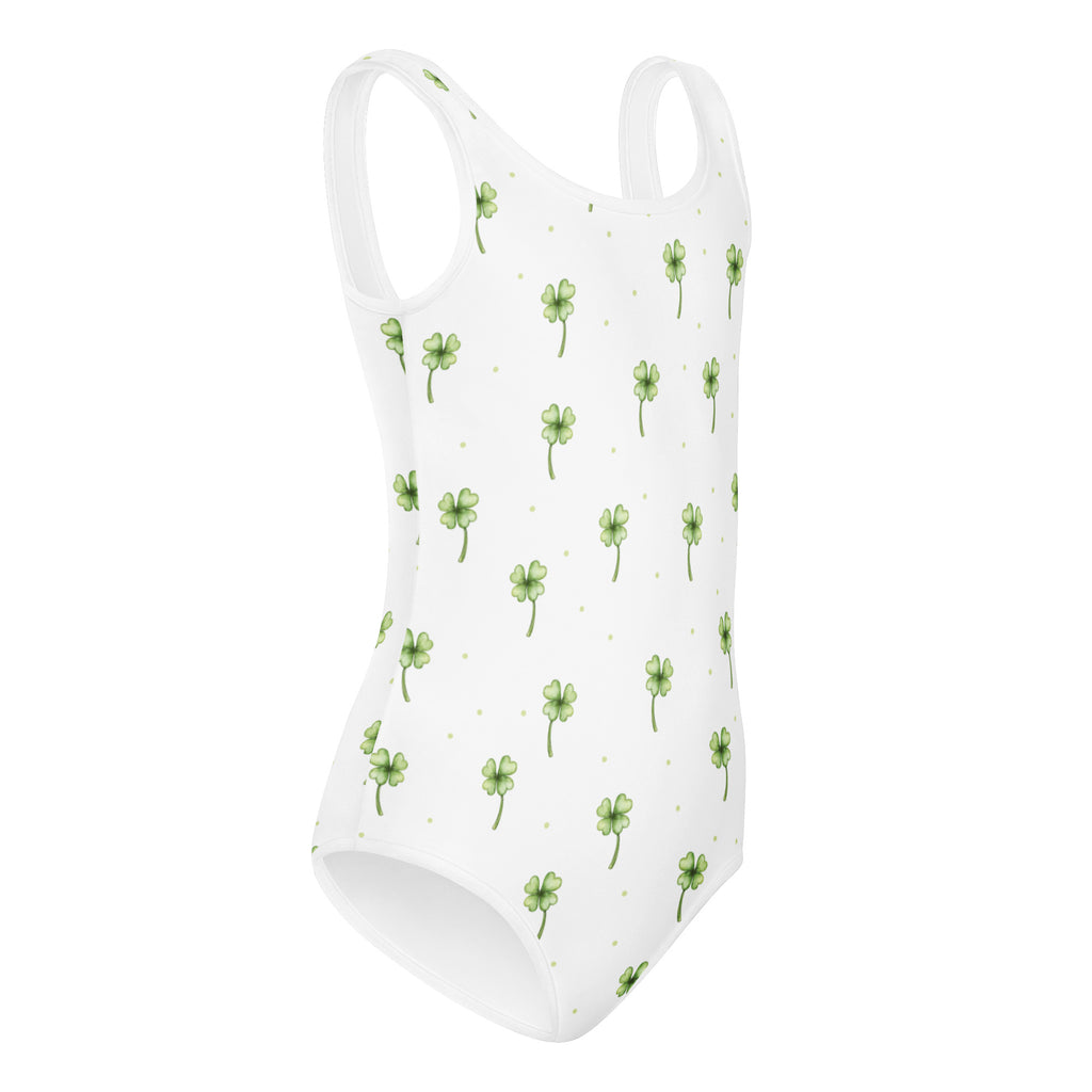 Girls st patricks day shamrock buttery soft white leotard with green four leaf clovers and gold polka dots for dance
