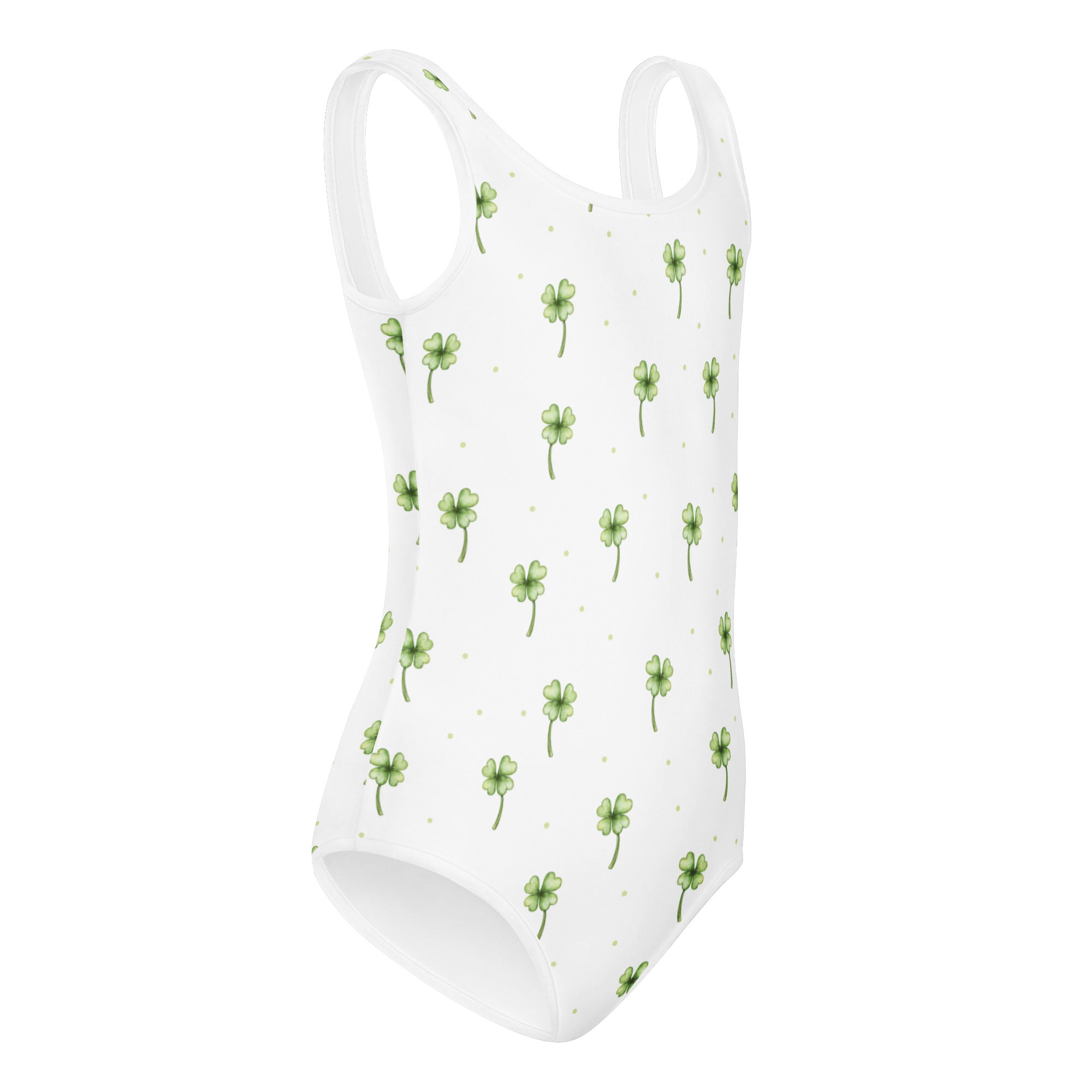 Girls st patricks day shamrock buttery soft white leotard with green four leaf clovers and gold polka dots for dance