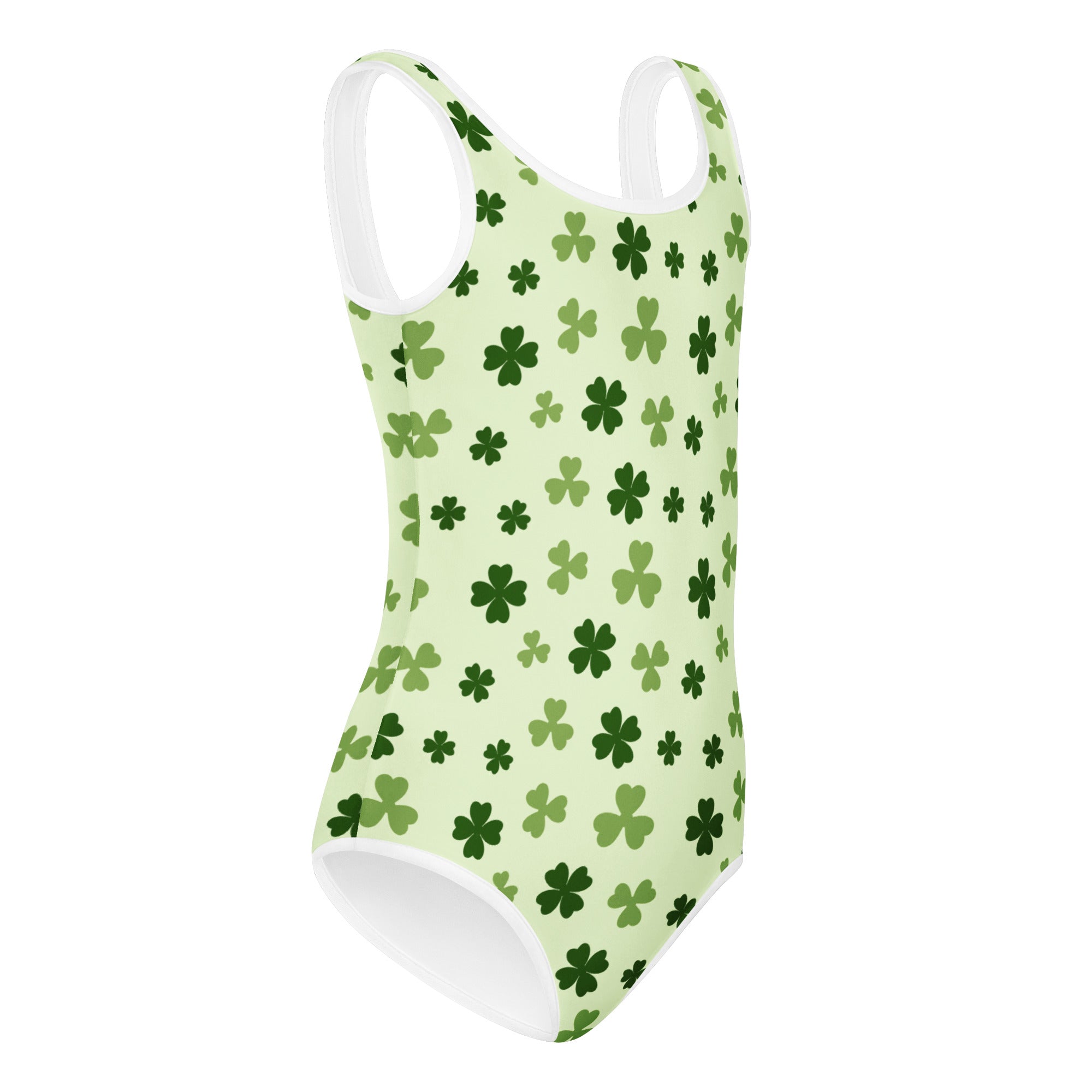 A light green girls St. Patricks Day buttery soft leotard with clover pattern and white trim for dance and gymnastics