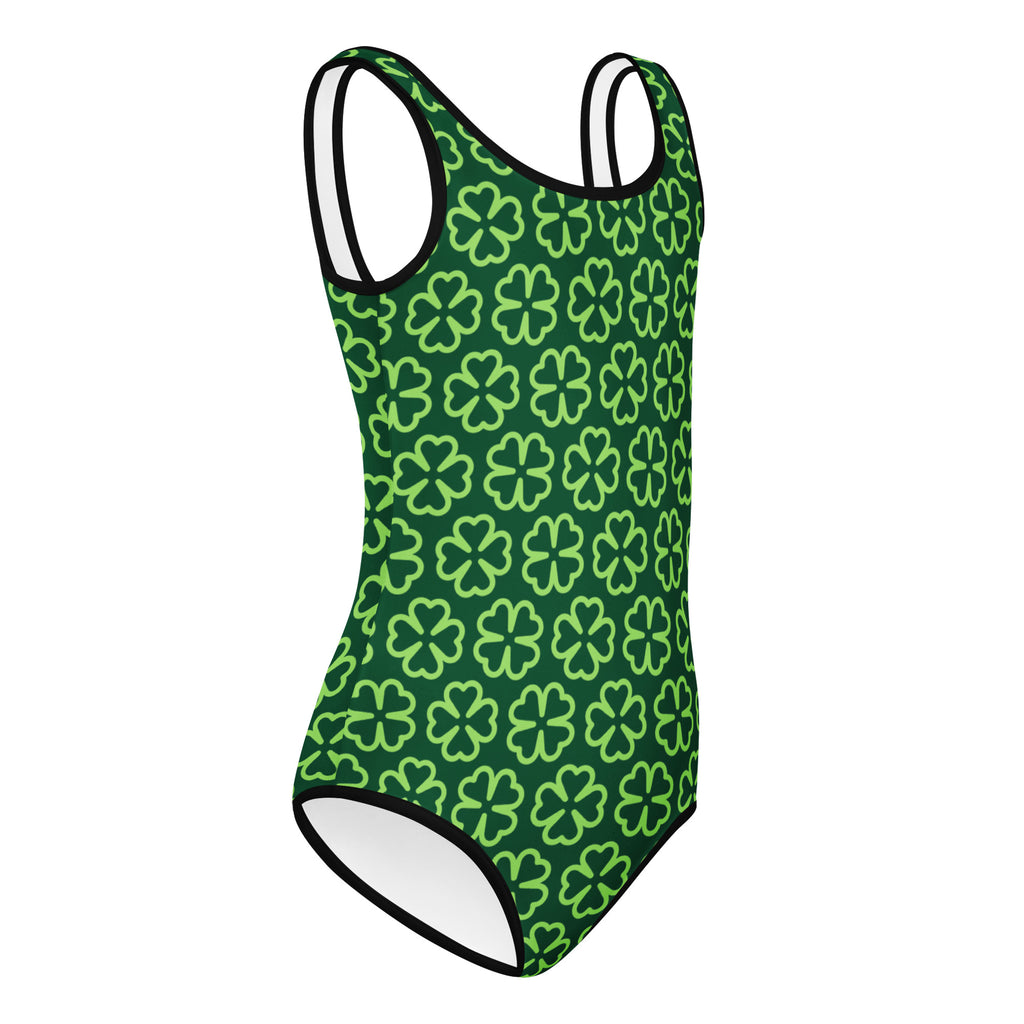 Girls four leaf clover buttery soft leotard in green with black trim quick drying for dance and gymnastics