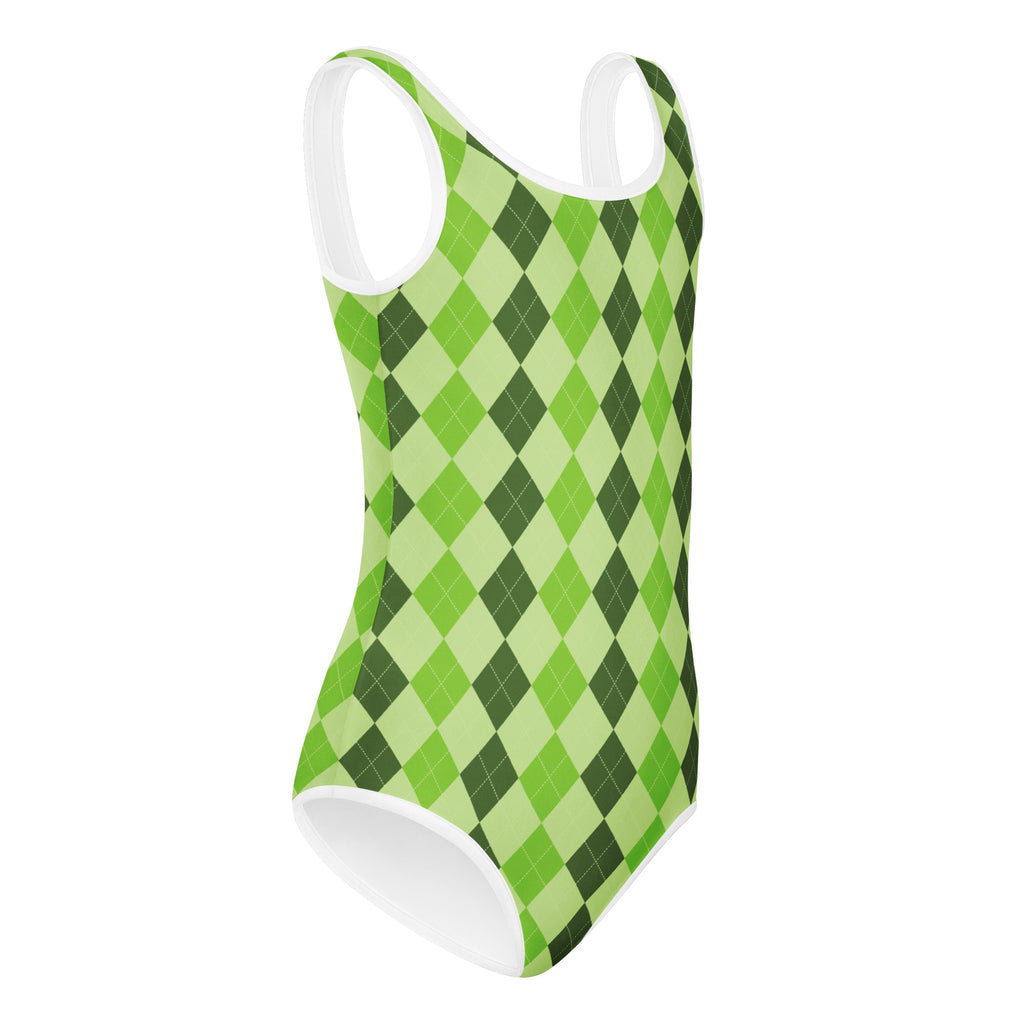 Girls green argyle one-piece buttery soft quick drying leotard with white trim for St Patricks Day dance and gymnastics