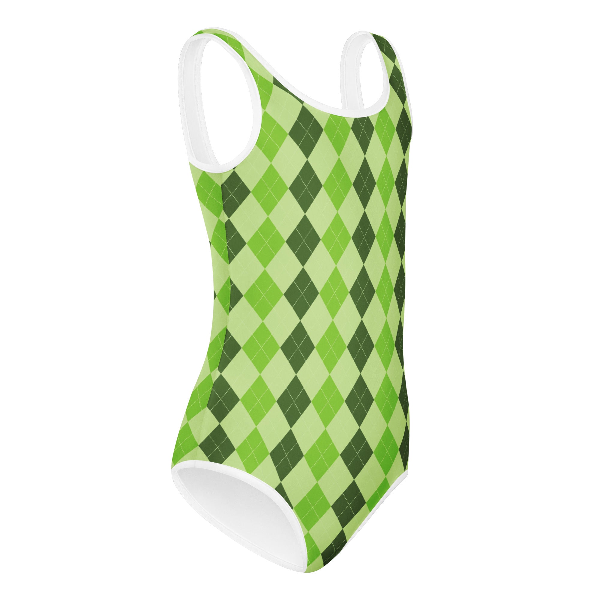 Girls green argyle one-piece buttery soft quick drying leotard with white trim for St Patricks Day dance and gymnastics