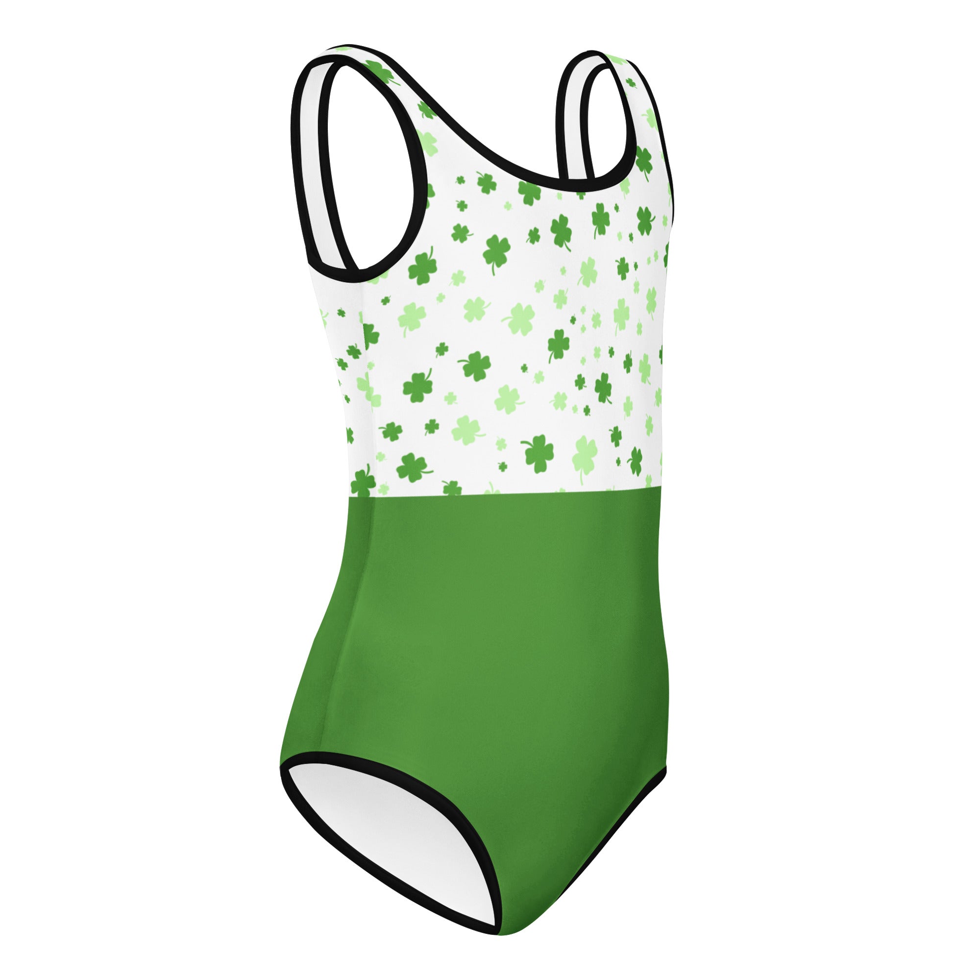 Girls green lucky clover buttery soft one-piece swimsuit in white and green with shamrock pattern and black trim for dance
