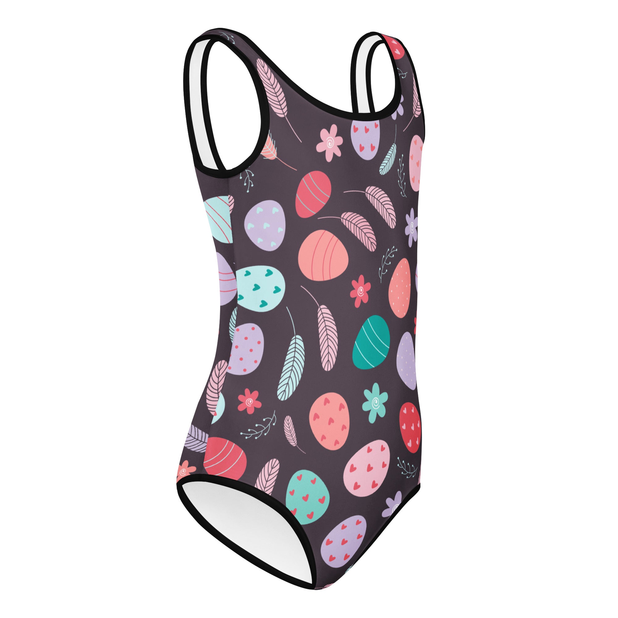 Dark gray girls Easter egg and bird feathers buttery soft leotard with colorful pattern for dance and gymnastics