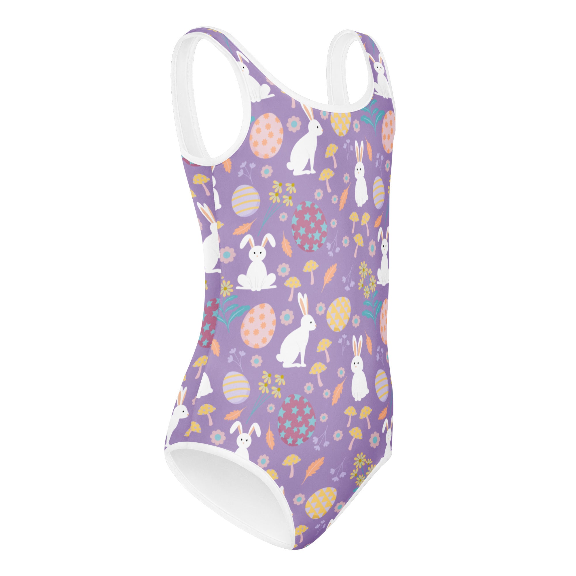 Girls purple Easter bunny buttery soft leotard with white trim and playful Easter-themed pattern for dance and gymnastics