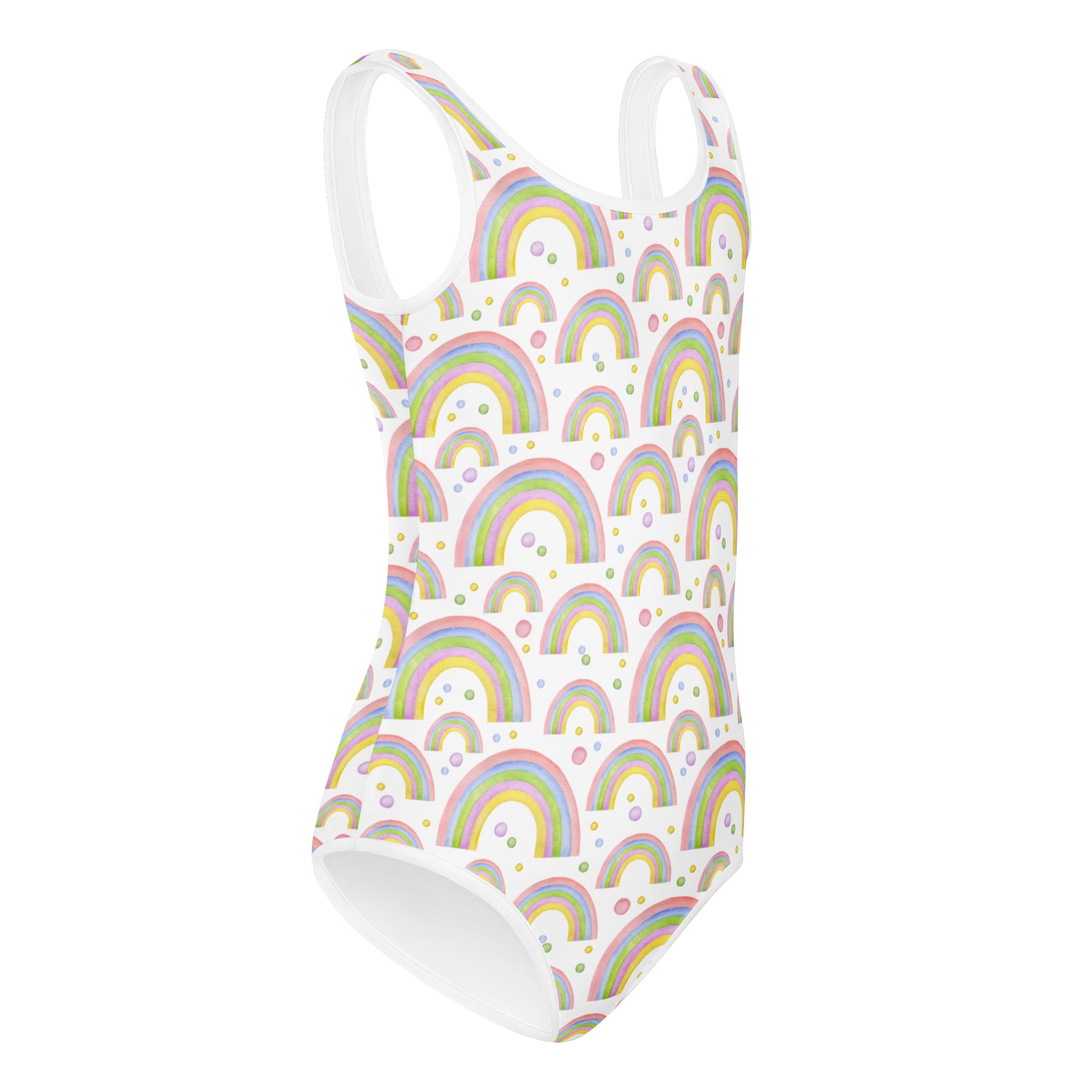 White one-piece swimsuit with pastel watercolor rainbows and dots made of buttery soft quick drying fabric for girls