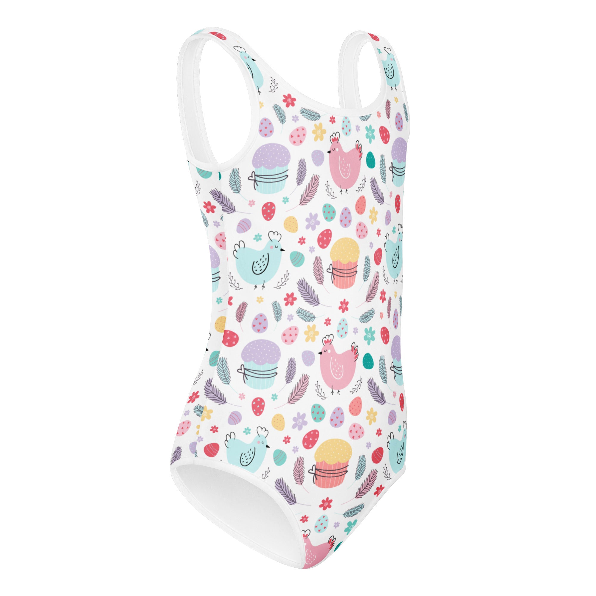 A white girls Easter chick and cupcake buttery soft quick drying one-piece swimsuit with pastel prints