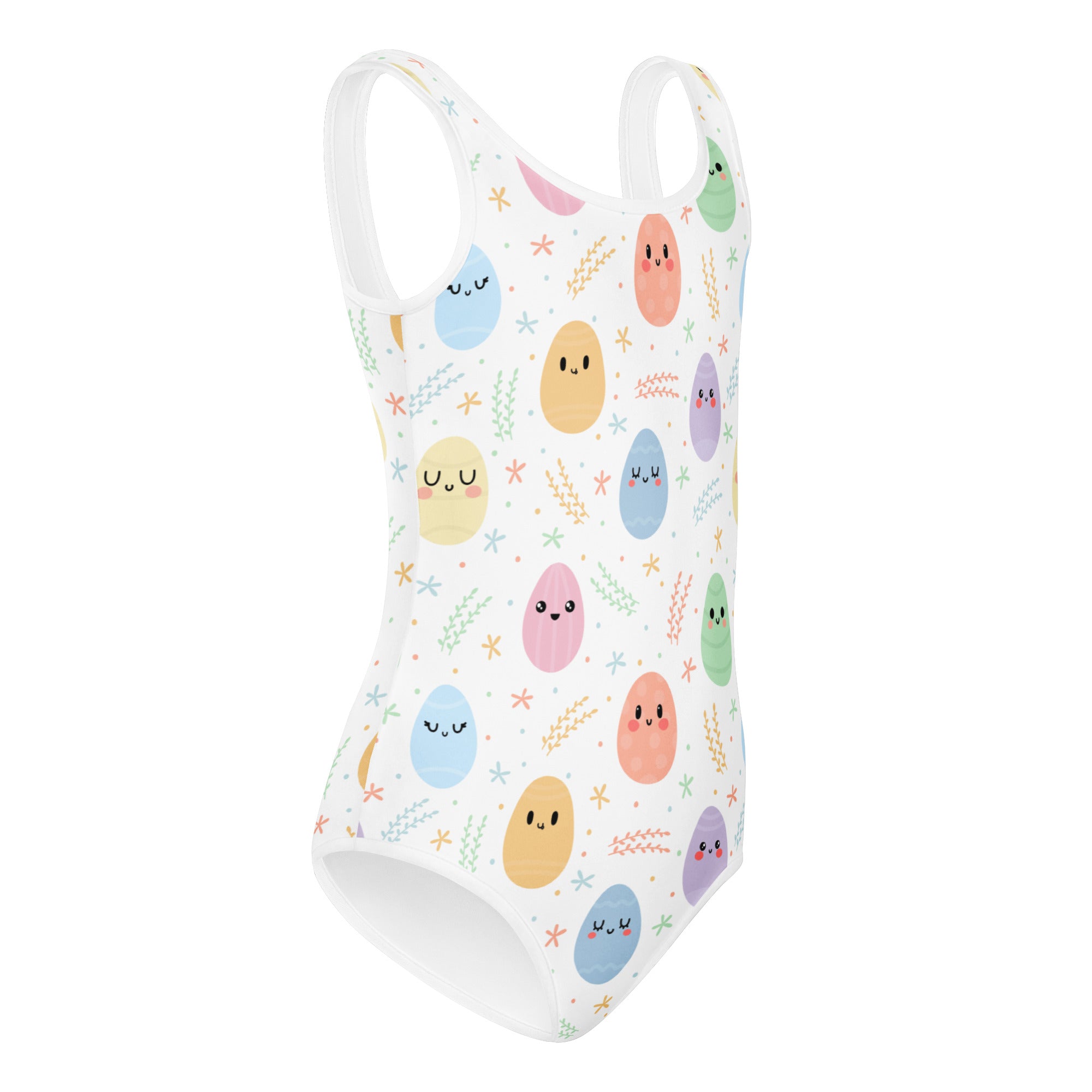 White one-piece swimsuit with pastel smiling cartoon eggs and stars designed for girls quick drying dancewear