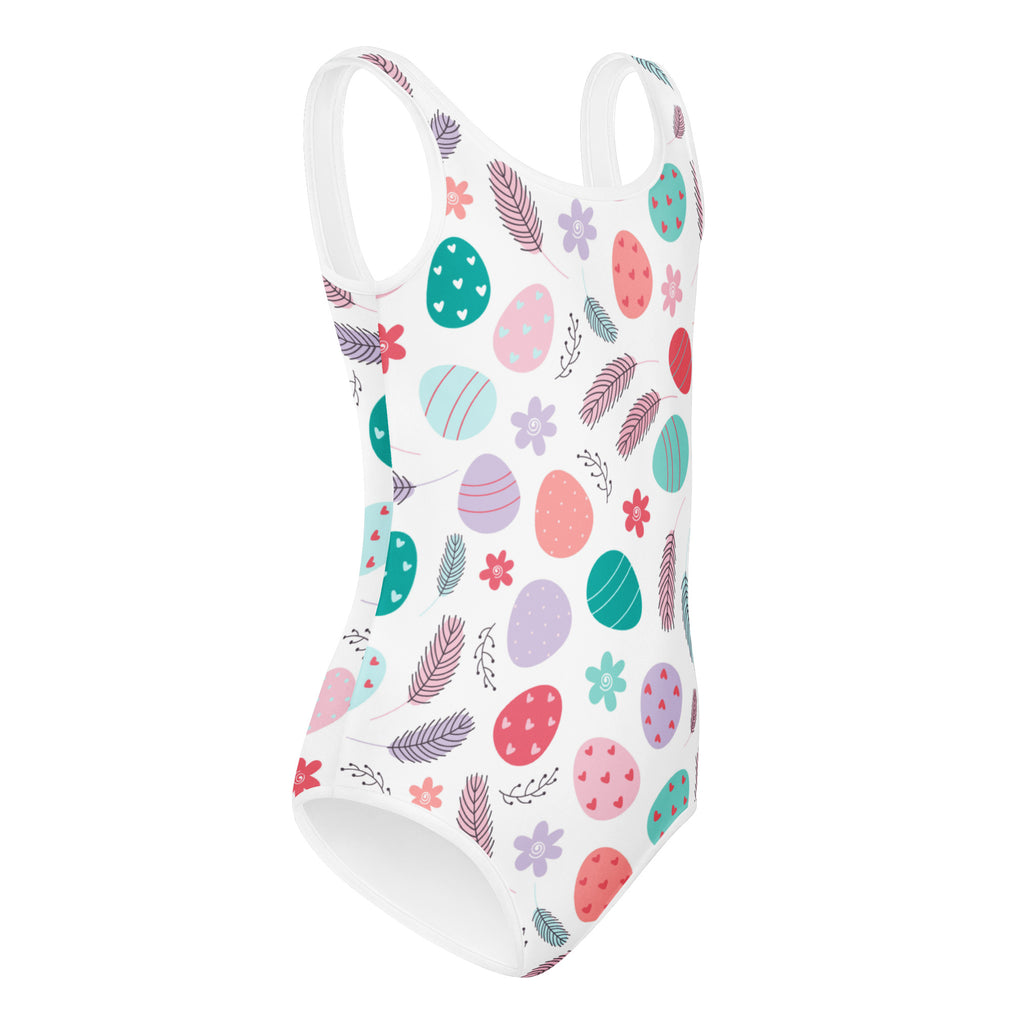 White one-piece swimsuit with pastel easter egg feather and flower pattern quick drying for girls dance and gymnastics