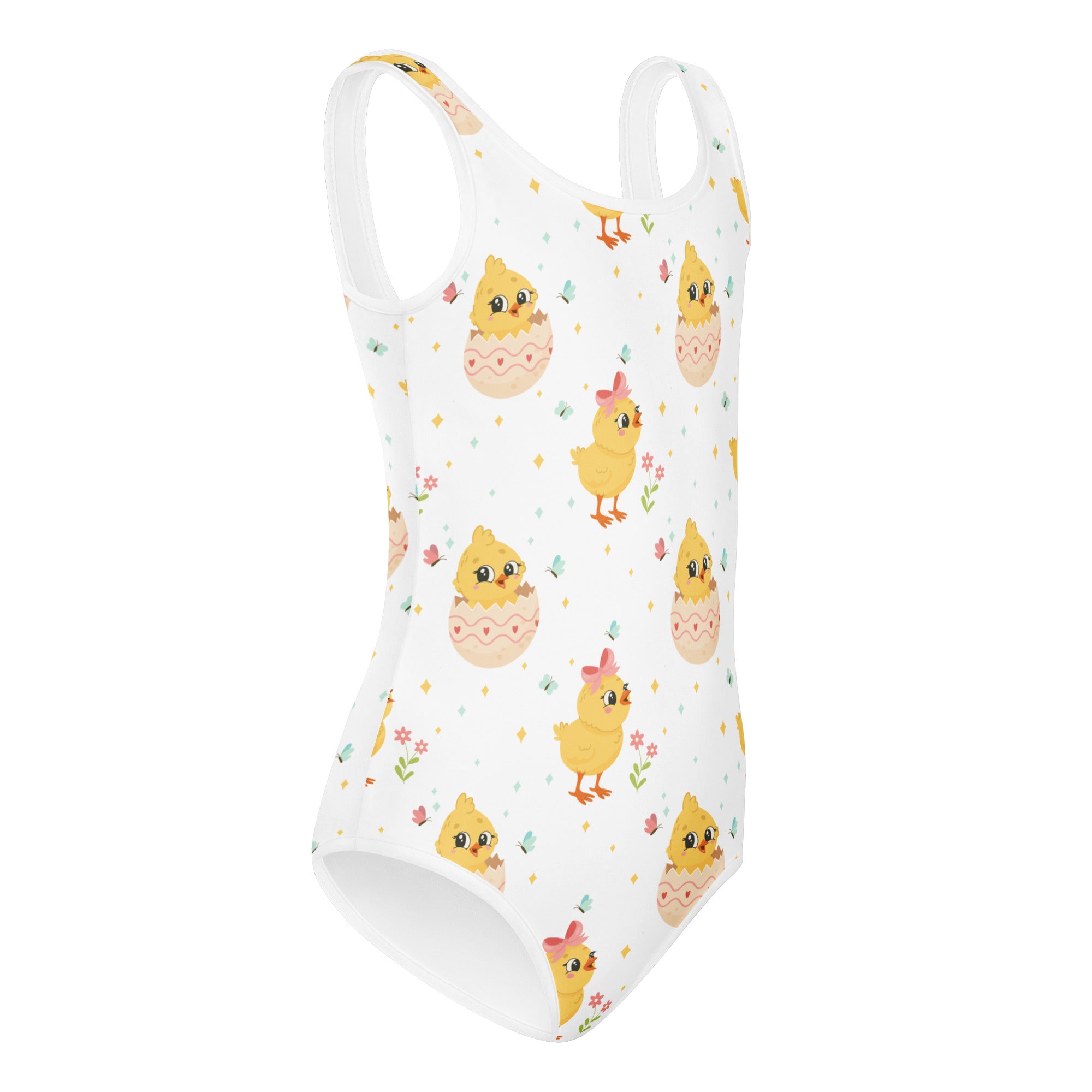 White one-piece girls leotard with yellow chicks and pastel eggshells quick drying for dance and gymnastics