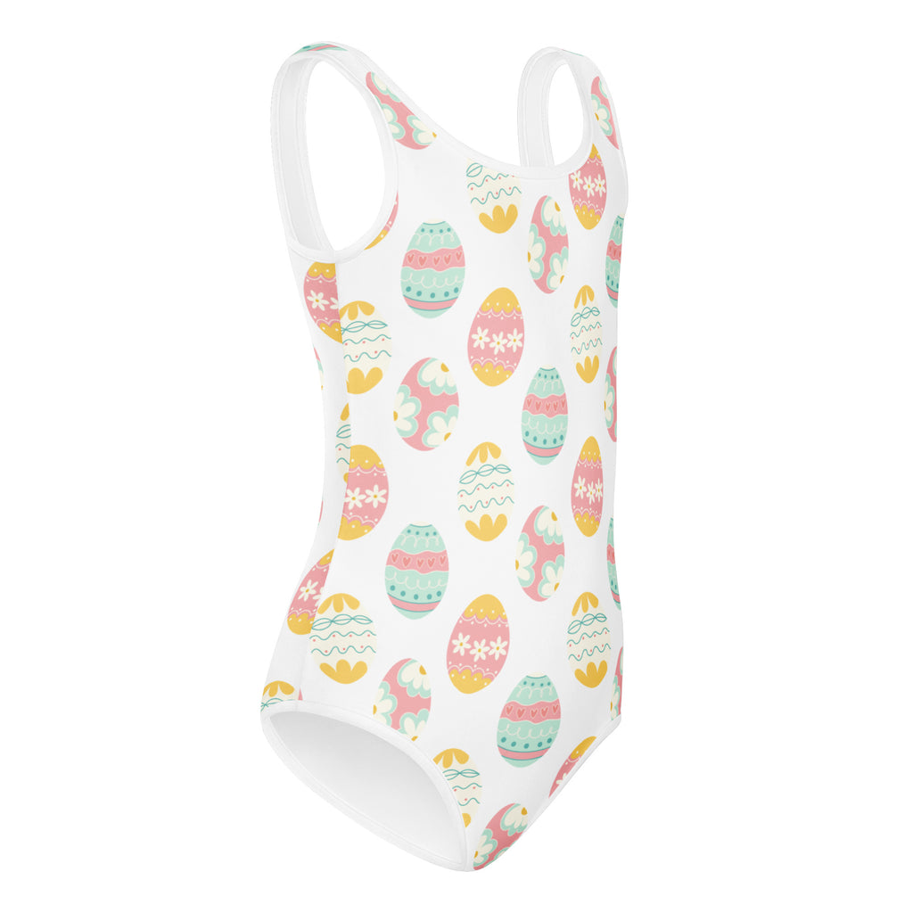 Girls pastel easter eggs white one-piece buttery soft quick drying leotard with pink mint green and yellow eggs pattern