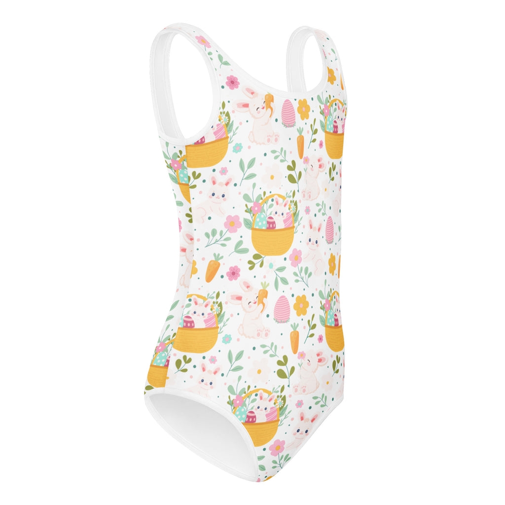 Girls easter bunny buttery soft white one-piece swimsuit with playful easter pattern for dance and gymnastics