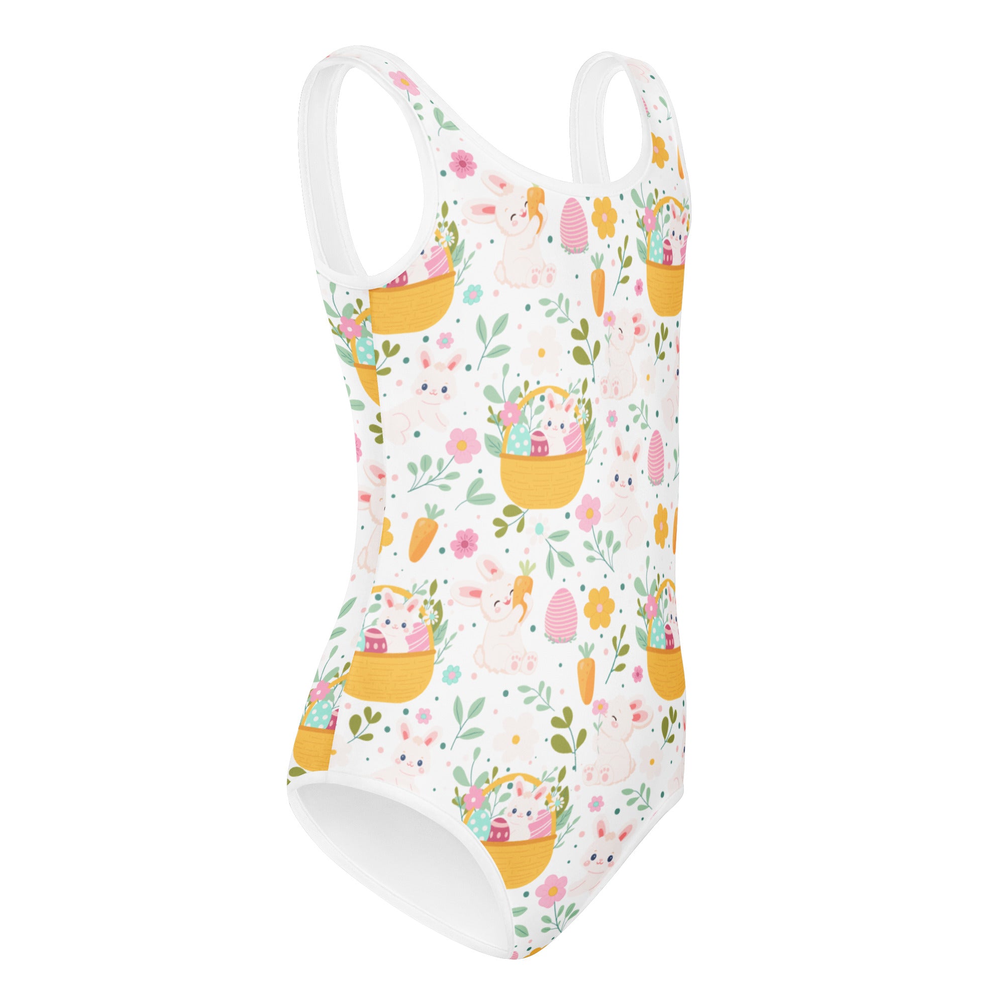 Girls easter bunny buttery soft white one-piece swimsuit with playful easter pattern for dance and gymnastics