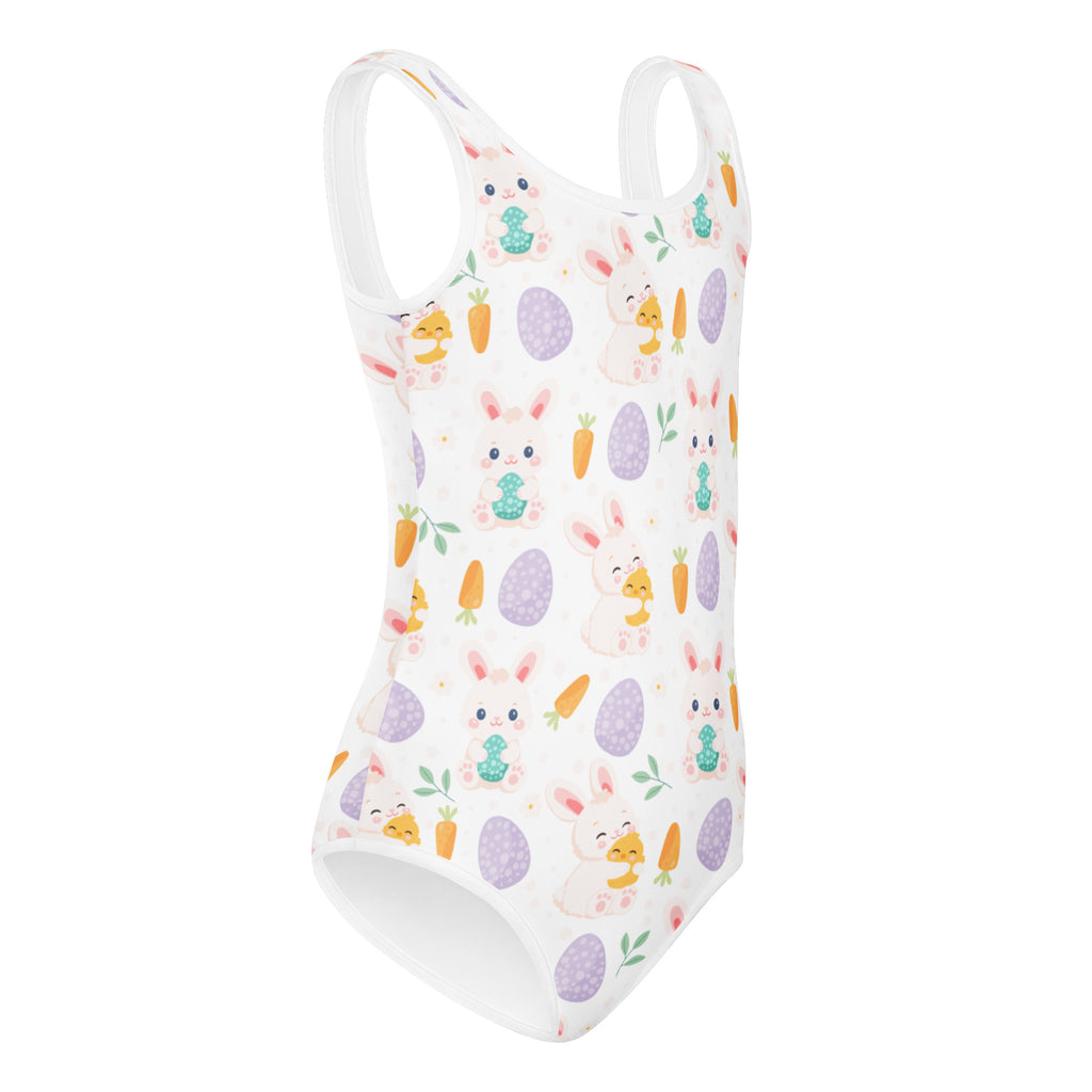 White one-piece buttery soft leotard with easter bunny carrot and egg pattern quick drying for dance and gymnastics