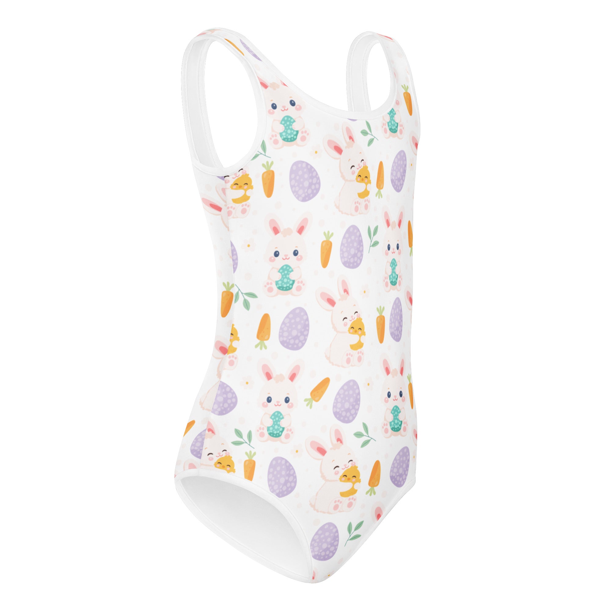 White one-piece buttery soft leotard with easter bunny carrot and egg pattern quick drying for dance and gymnastics