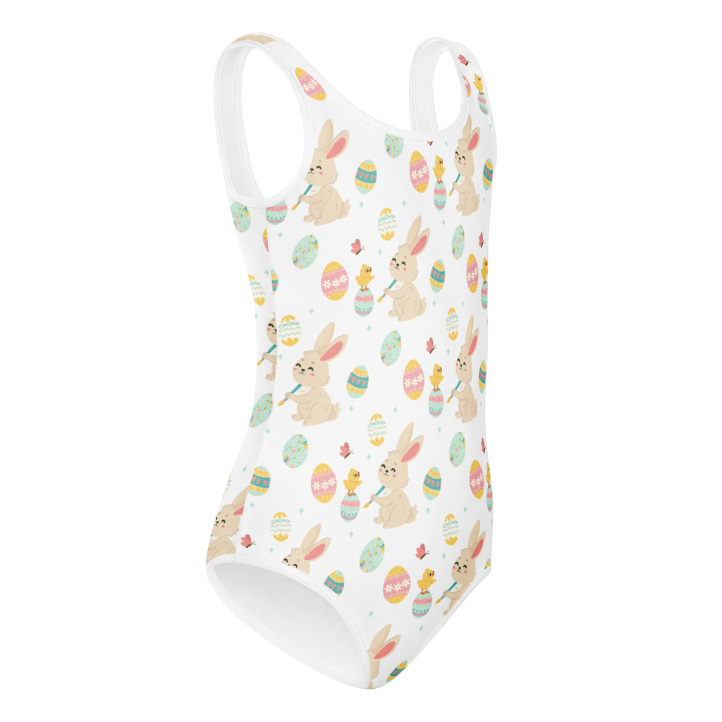 White one-piece swimsuit with pastel bunny chick and easter egg pattern buttery soft quick drying for dance and gymnastics