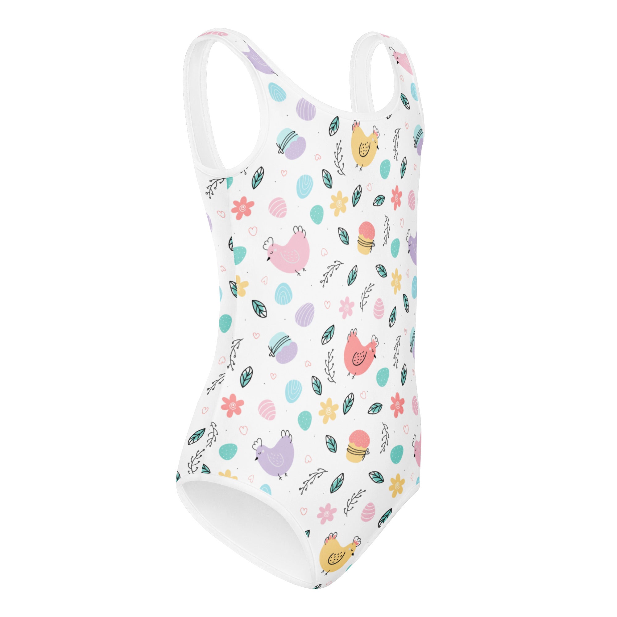 White one-piece girls easter hen leotard with pastel chick and egg pattern made of buttery soft quick drying fabric