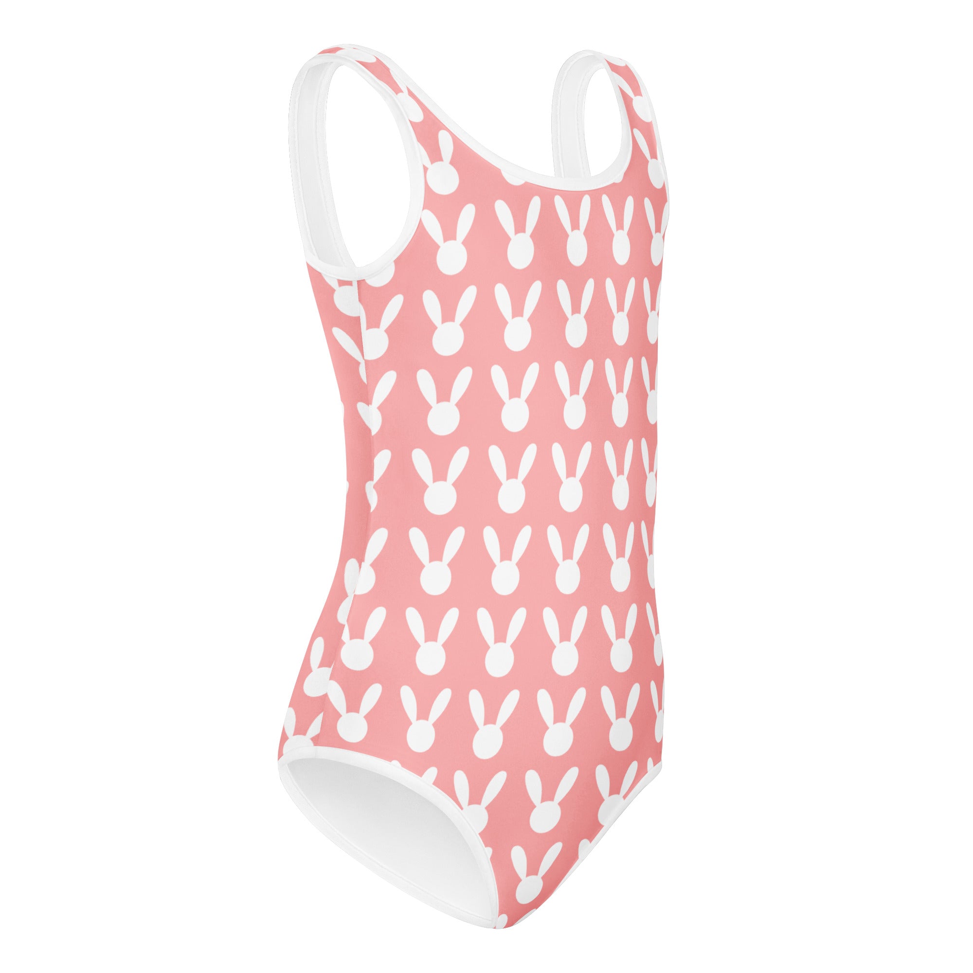 Girls pink bunny silhouette buttery soft quick drying swimsuit with white trim for dance and gymnastics