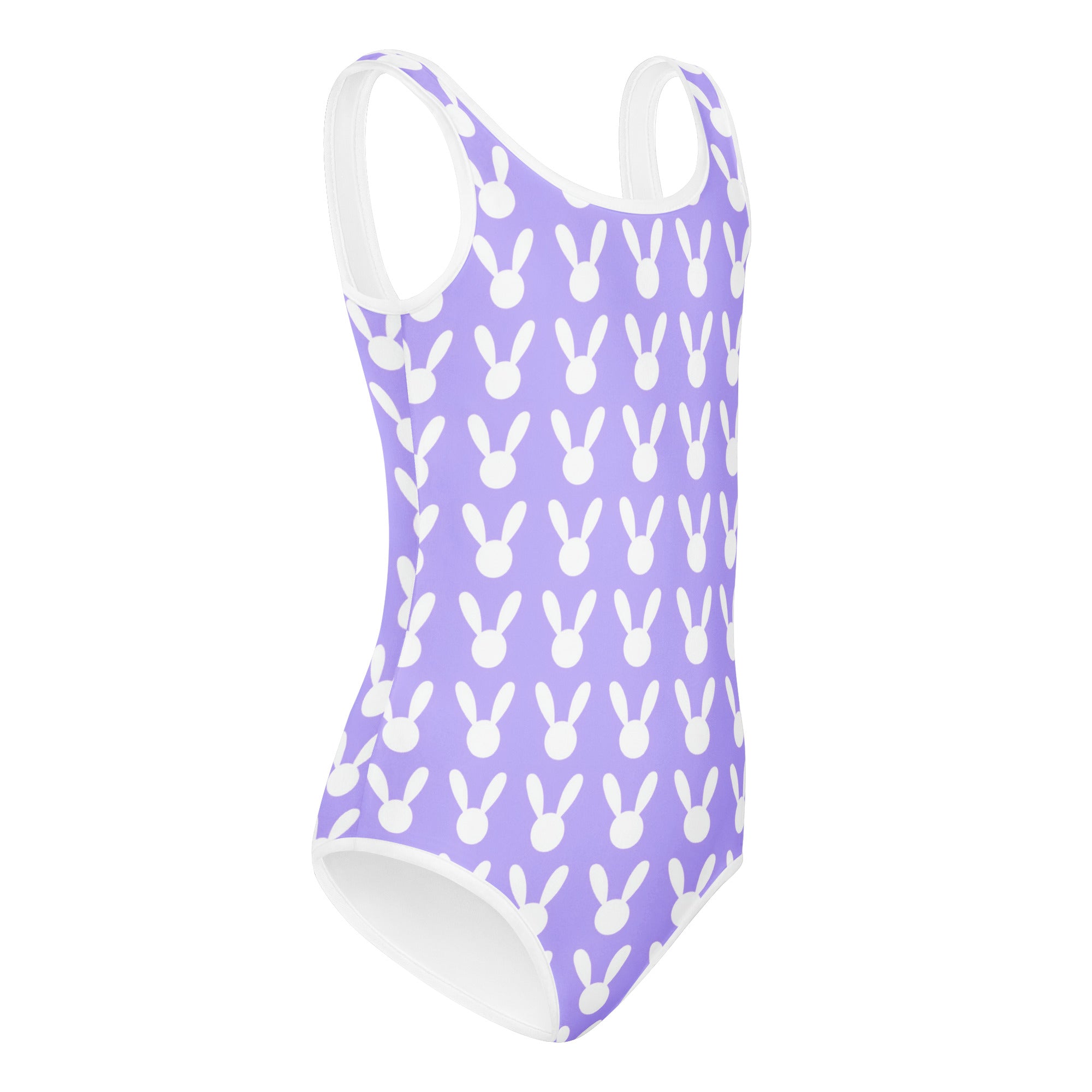Girls purple bunny silhouette buttery soft one-piece swimsuit with white trim quick drying for dance and gymnastics