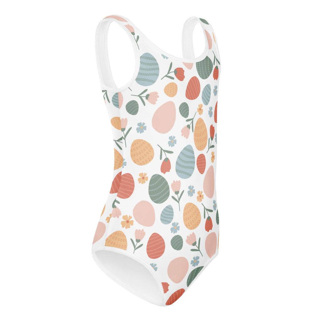 Girls vintage white one-piece swimsuit with pastel easter eggs and flowers quick drying for dance and gymnastics