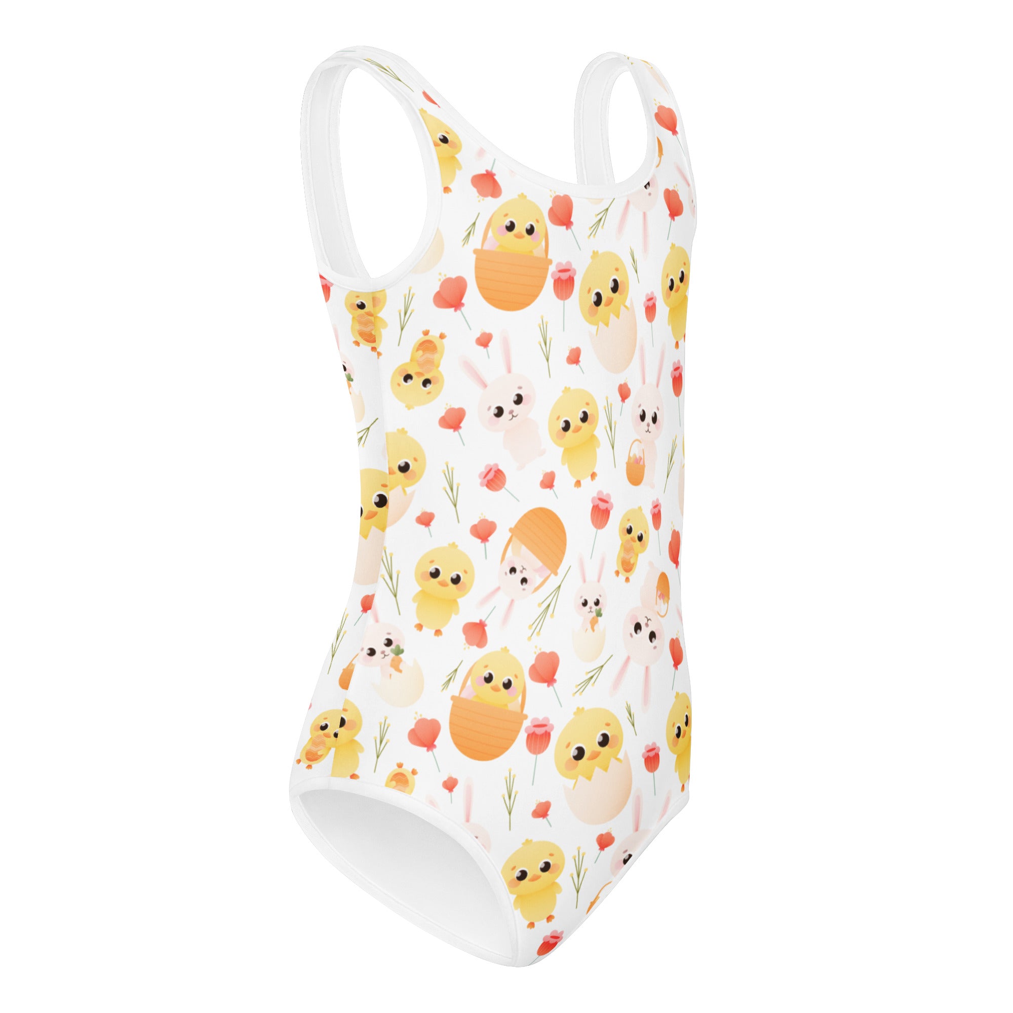White one-piece swimsuit with yellow chicks orange eggs and pink tulips quick drying for dance and gymnastics