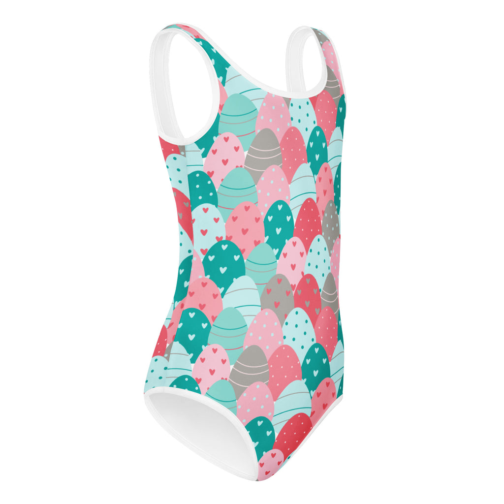 Girls Easter egg pattern buttery soft one-piece swimsuit in pastel pink teal and gray quick drying for dance and gymnastics